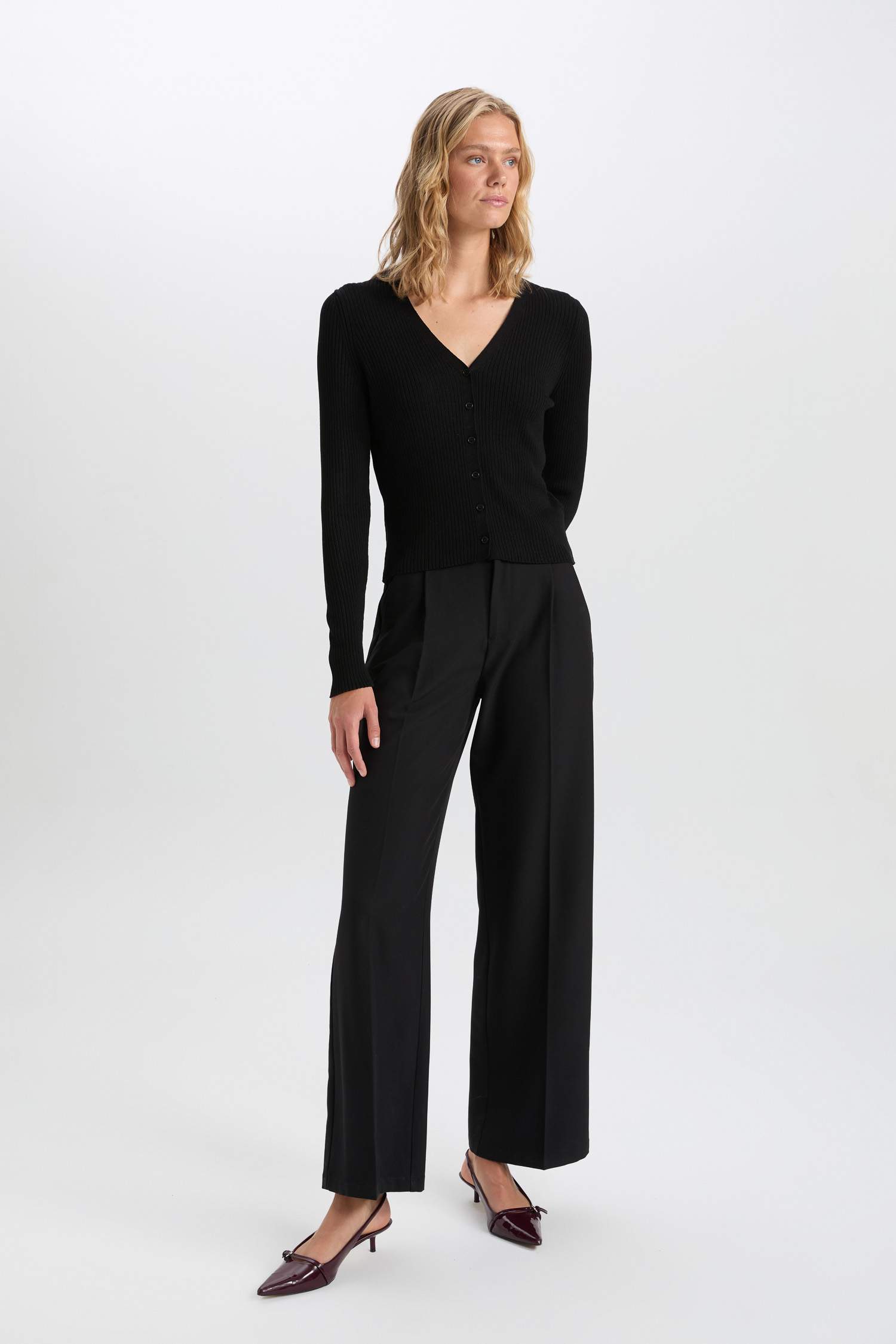 Fitted V Yaka Basic Düz Düğmeli Ribana Siyah Hırka