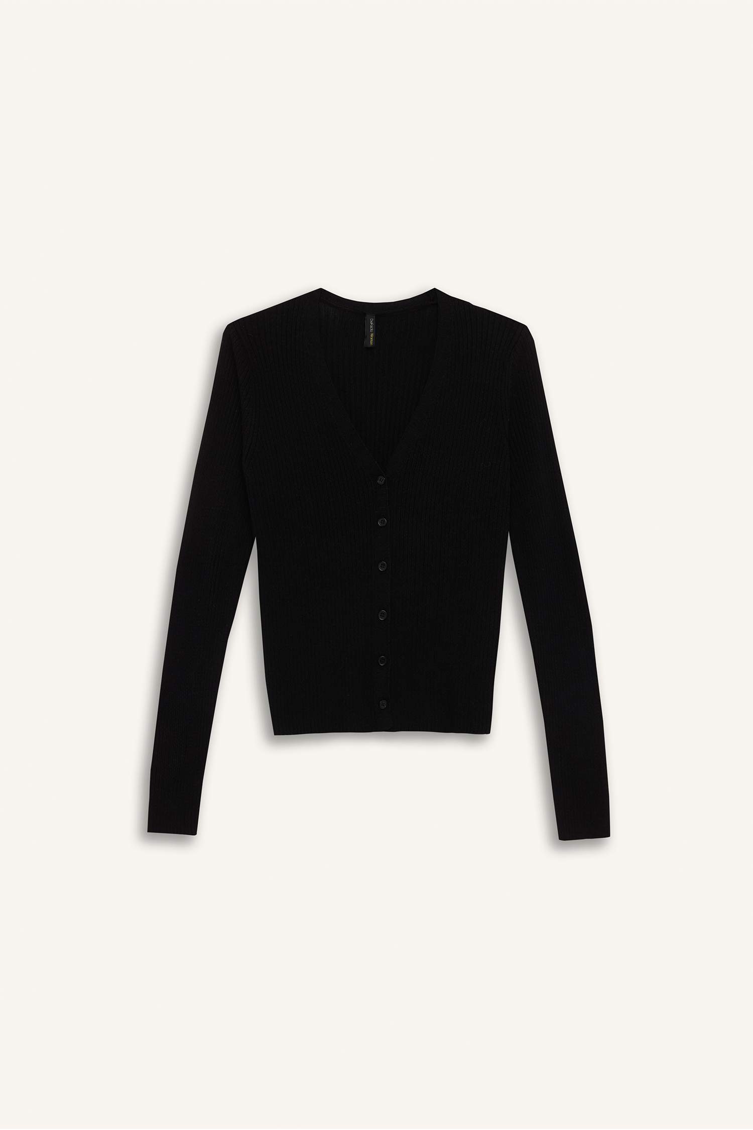 Fitted V Yaka Basic Düz Düğmeli Ribana Siyah Hırka