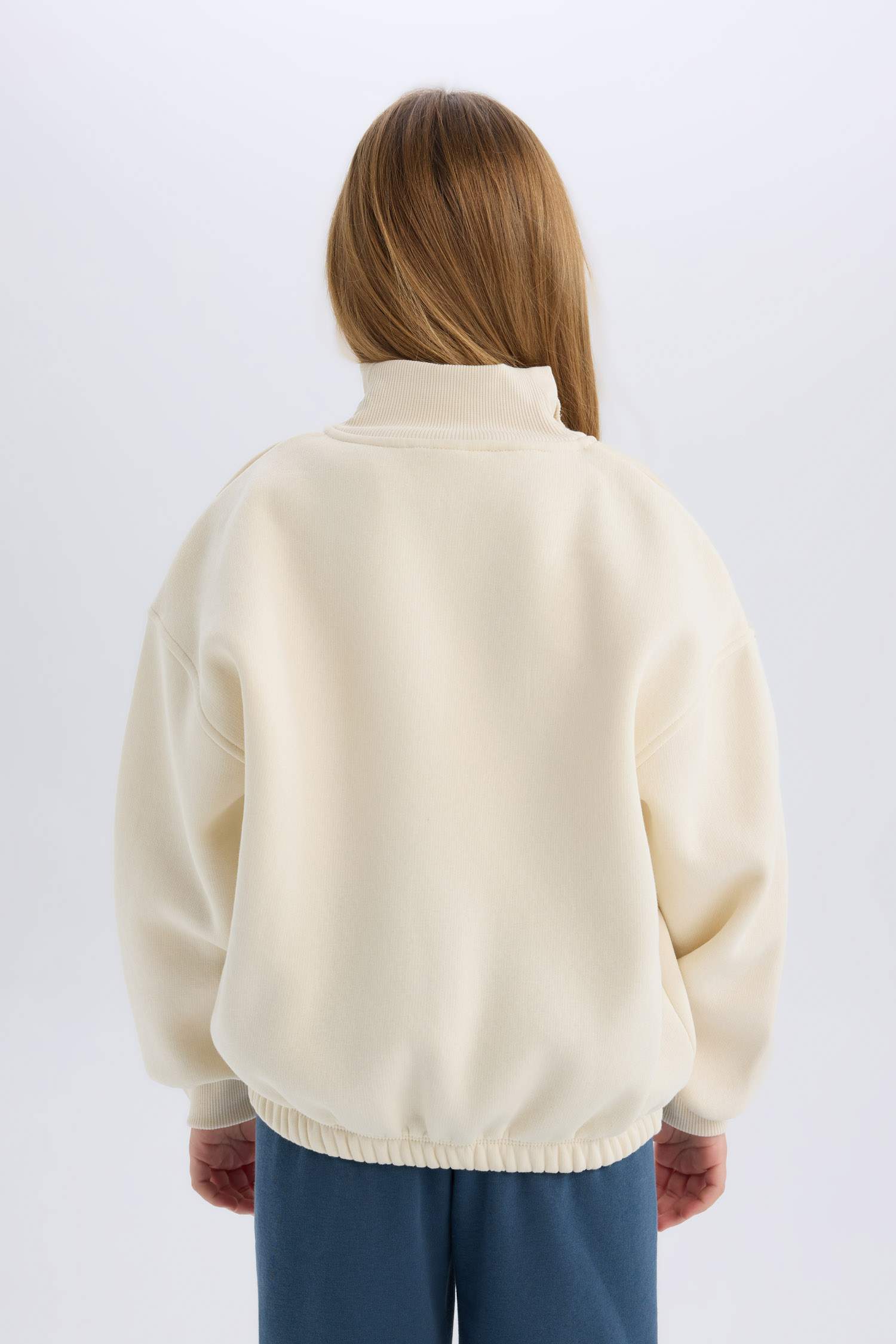 Kız Çocuk Oversize Geniş Kalıp Yarım Fermuarlı Basic Düz İçi Yumuşak Tüylü Sweatshirt