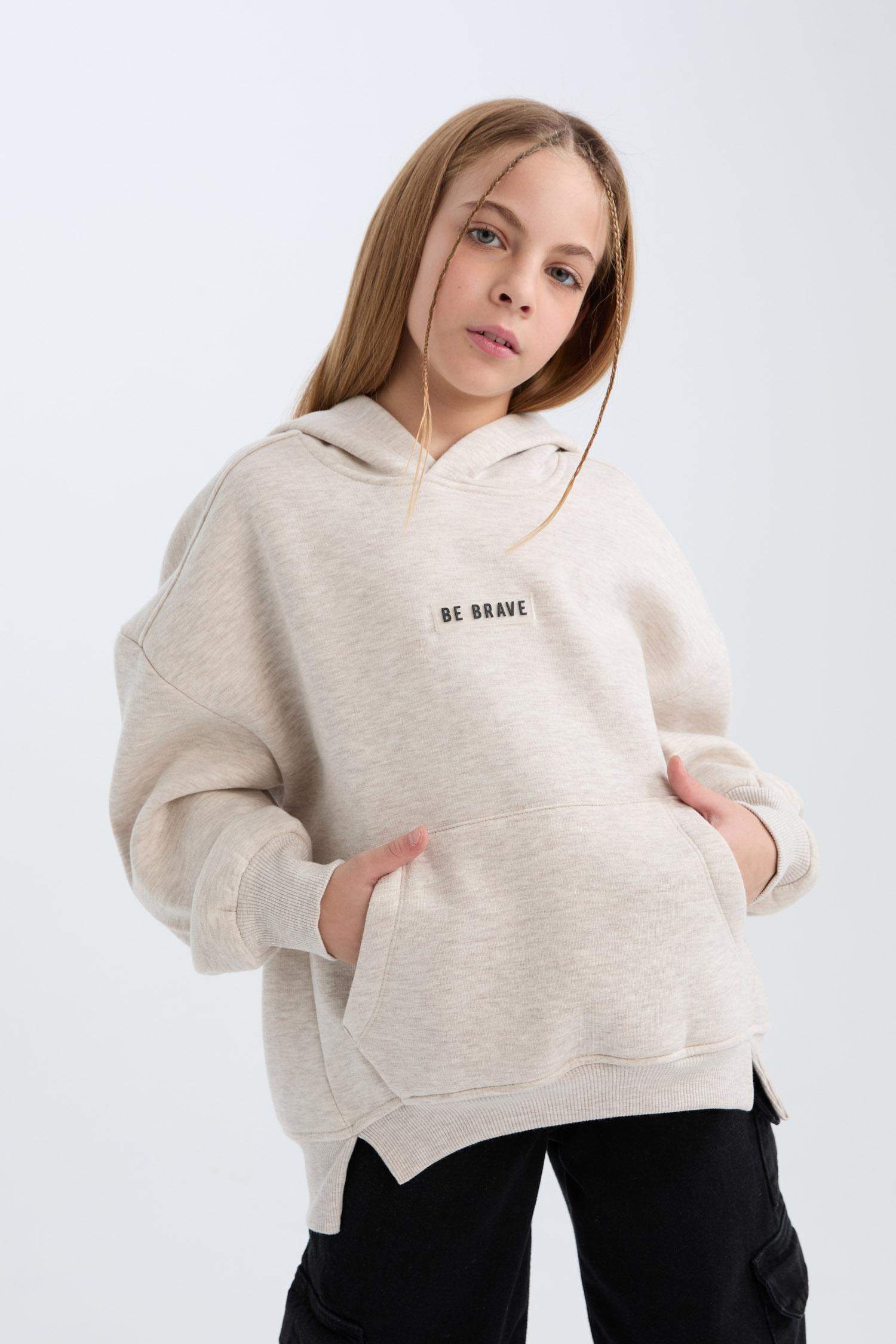 Kız Çocuk Oversize Geniş Kalıp Kapüşonlu Baskılı İçi Yumuşak Tüylü Sweatshirt