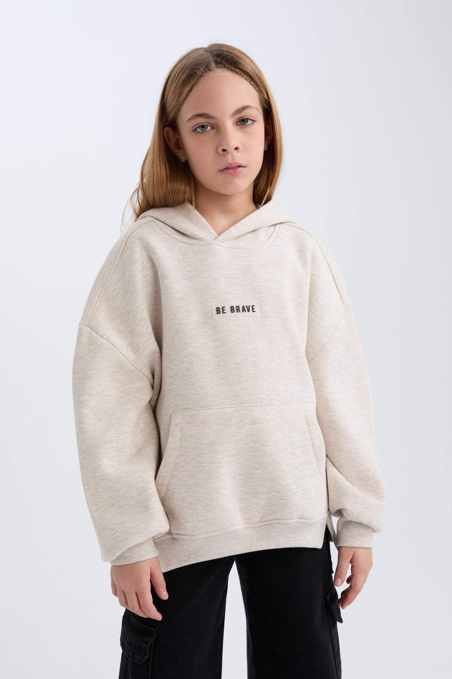 Kız Çocuk Oversize Geniş Kalıp Kapüşonlu Baskılı İçi Yumuşak Tüylü Sweatshirt