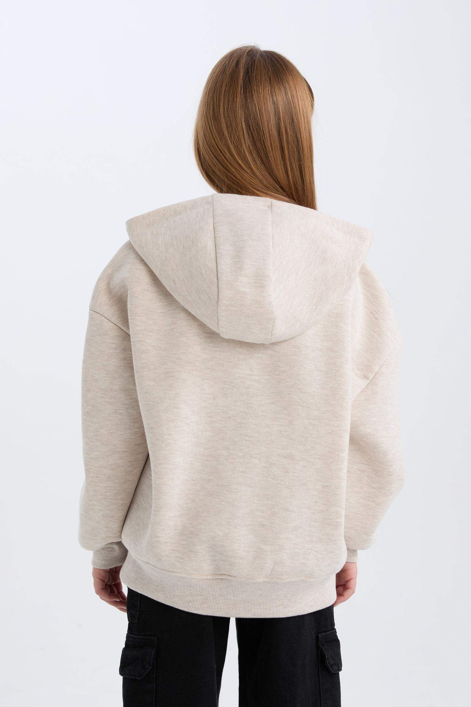 Kız Çocuk Oversize Geniş Kalıp Kapüşonlu Baskılı İçi Yumuşak Tüylü Sweatshirt