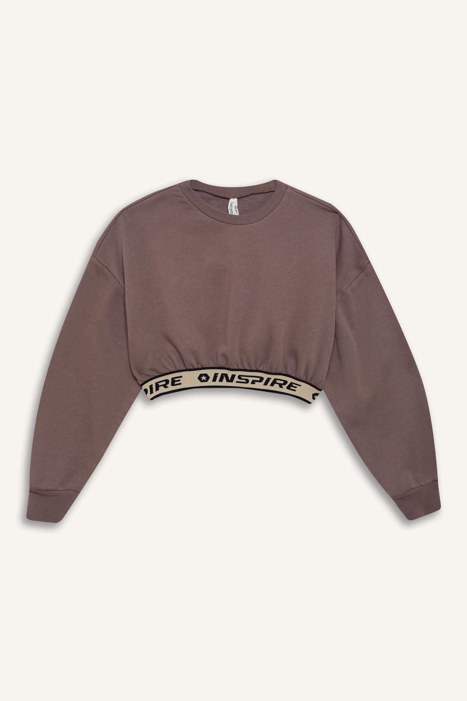 سويت شيرت كروب بناتي بطبعة شعار بياخة مستديرة ببطانة ناعمة