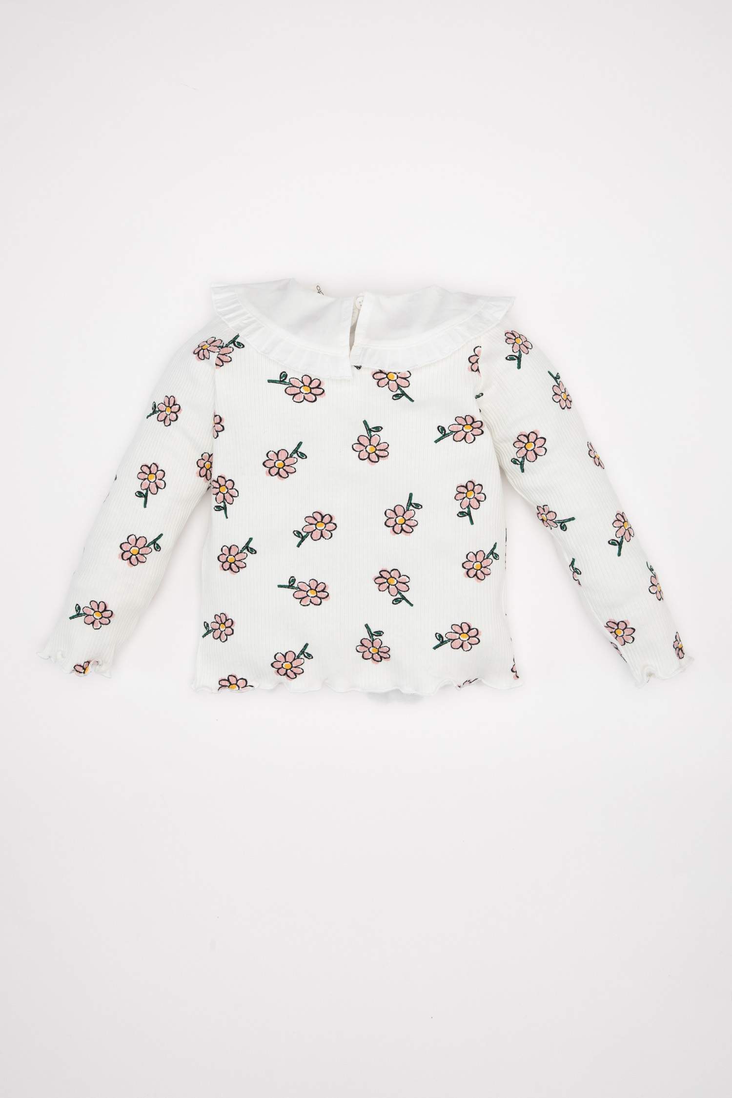 Kız Bebek Büyük Yaka Çiçekli Fitilli Kaşkorse Uzun Kollu Tişört