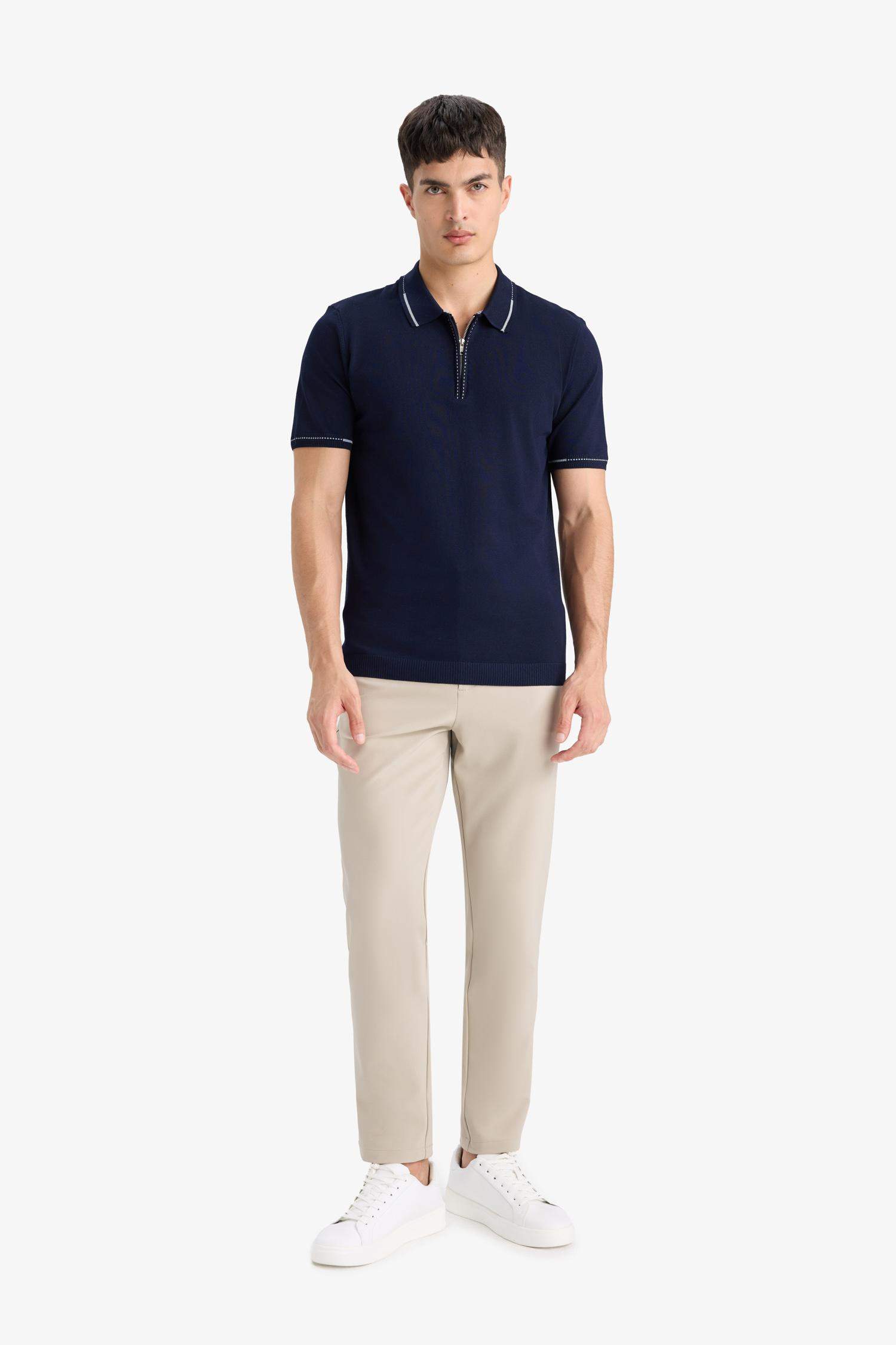 Standart Fit Polo Yaka Fermuarlı Triko Kısa Kollu Tişört