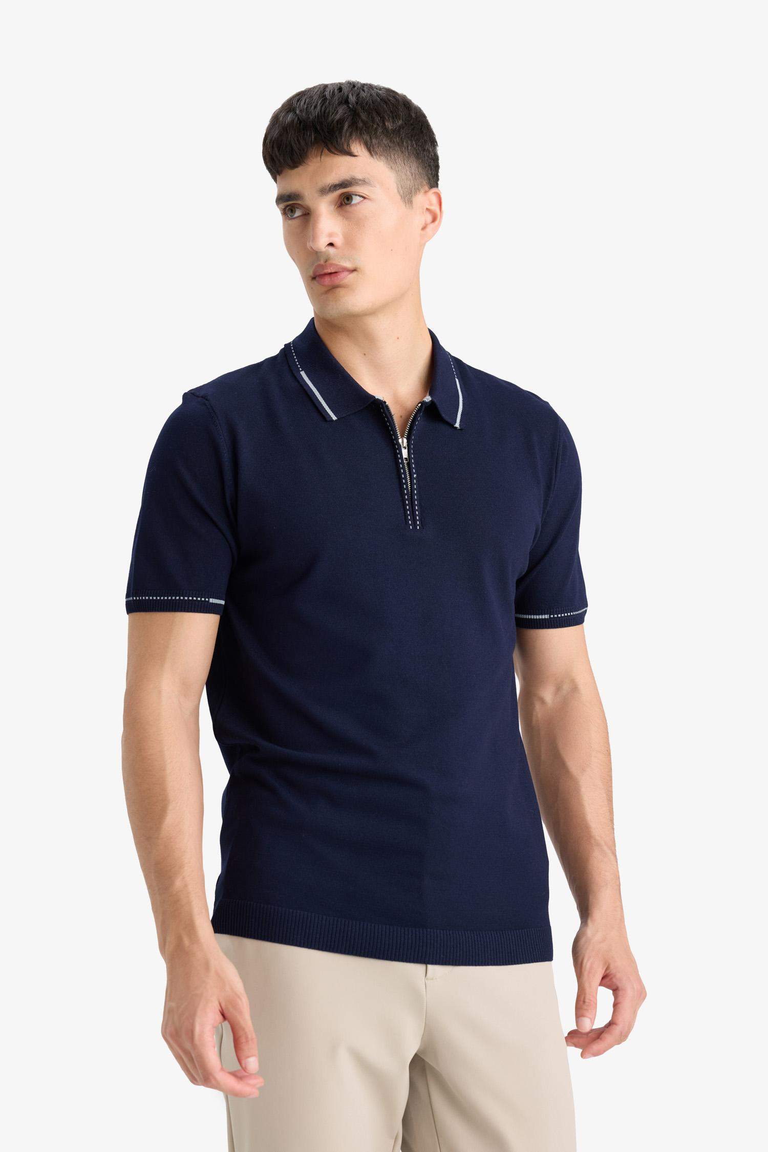 Standart Fit Polo Yaka Fermuarlı Triko Kısa Kollu Tişört