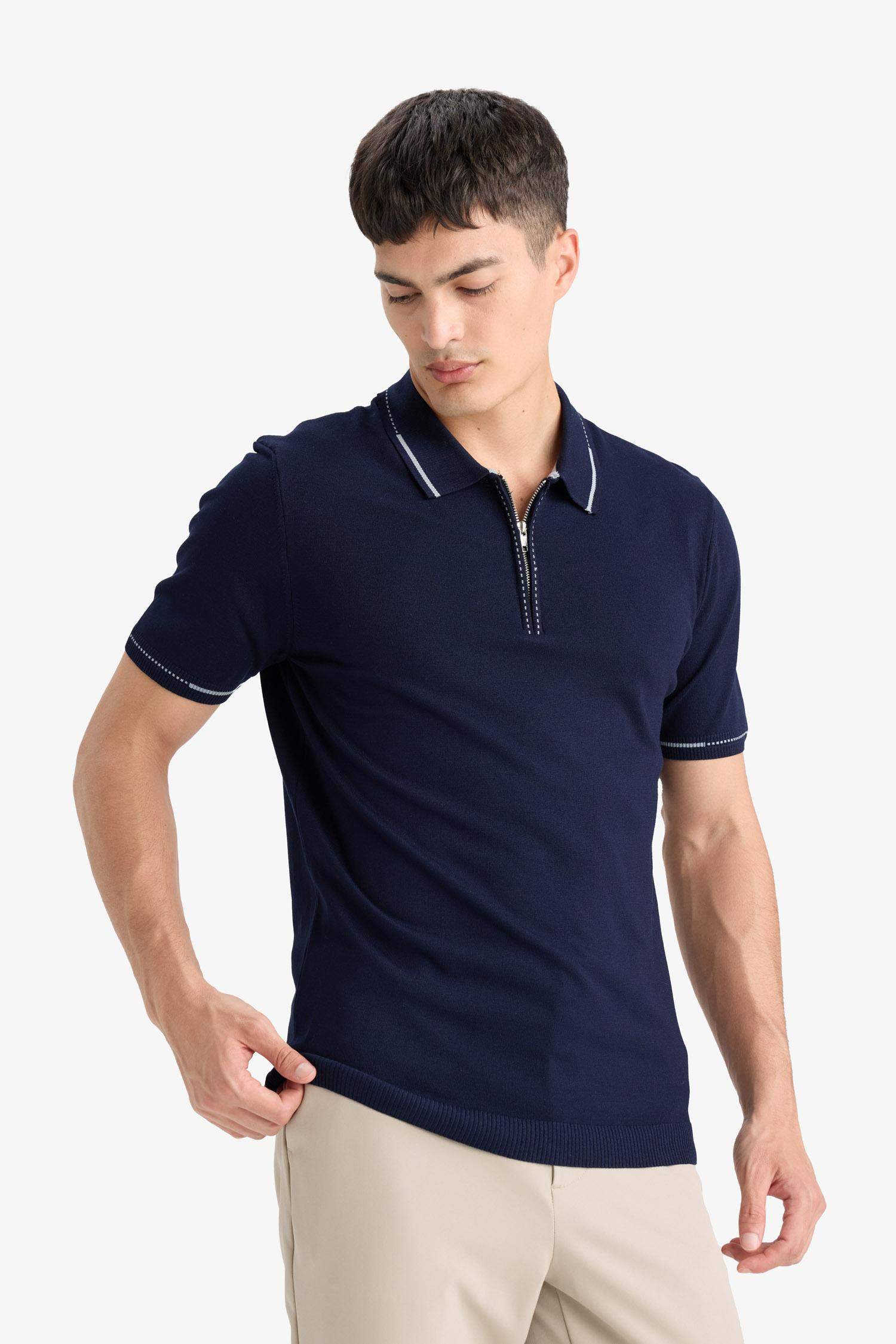 Standart Fit Polo Yaka Fermuarlı Triko Kısa Kollu Tişört