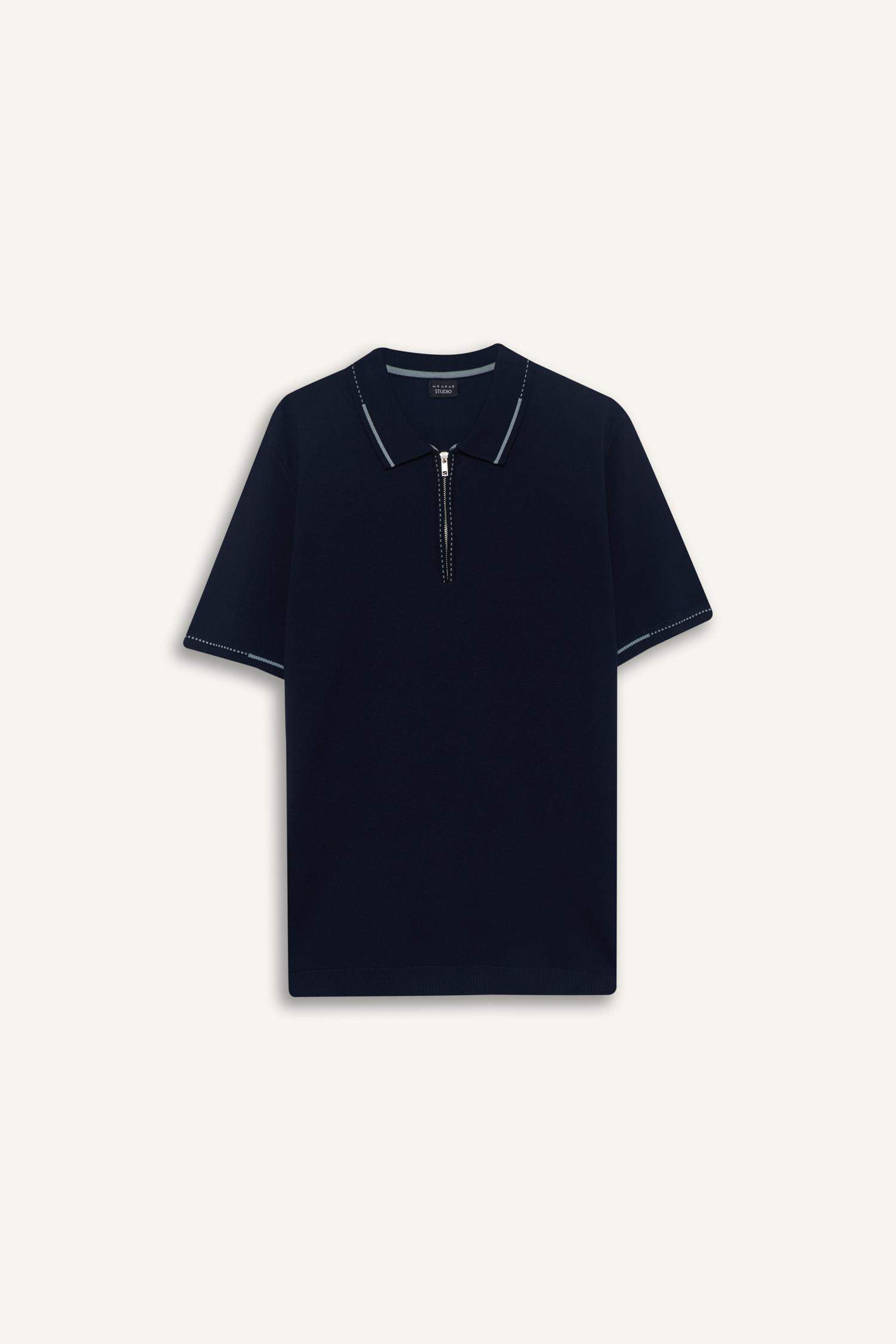 Standart Fit Polo Yaka Fermuarlı Triko Kısa Kollu Tişört