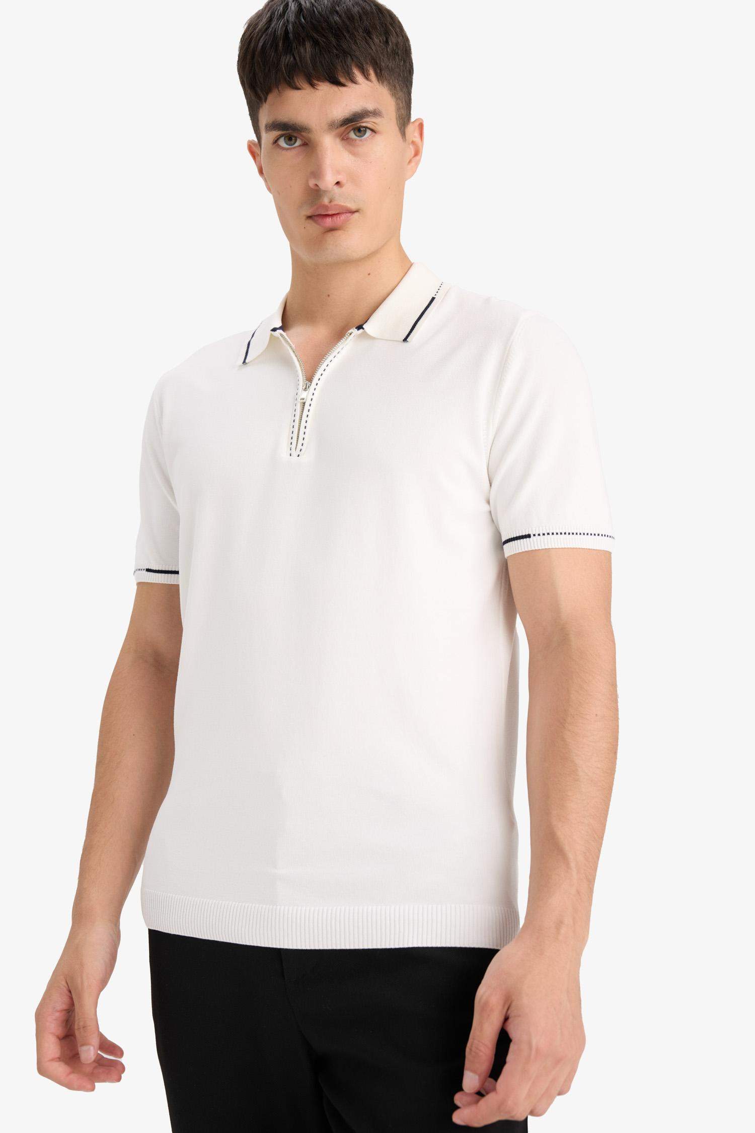 Standart Fit Polo Yaka Fermuarlı Triko Kısa Kollu Tişört