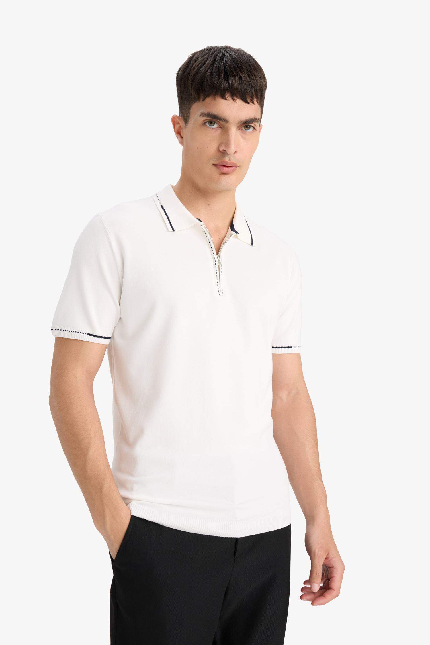 Standart Fit Polo Yaka Fermuarlı Triko Kısa Kollu Tişört