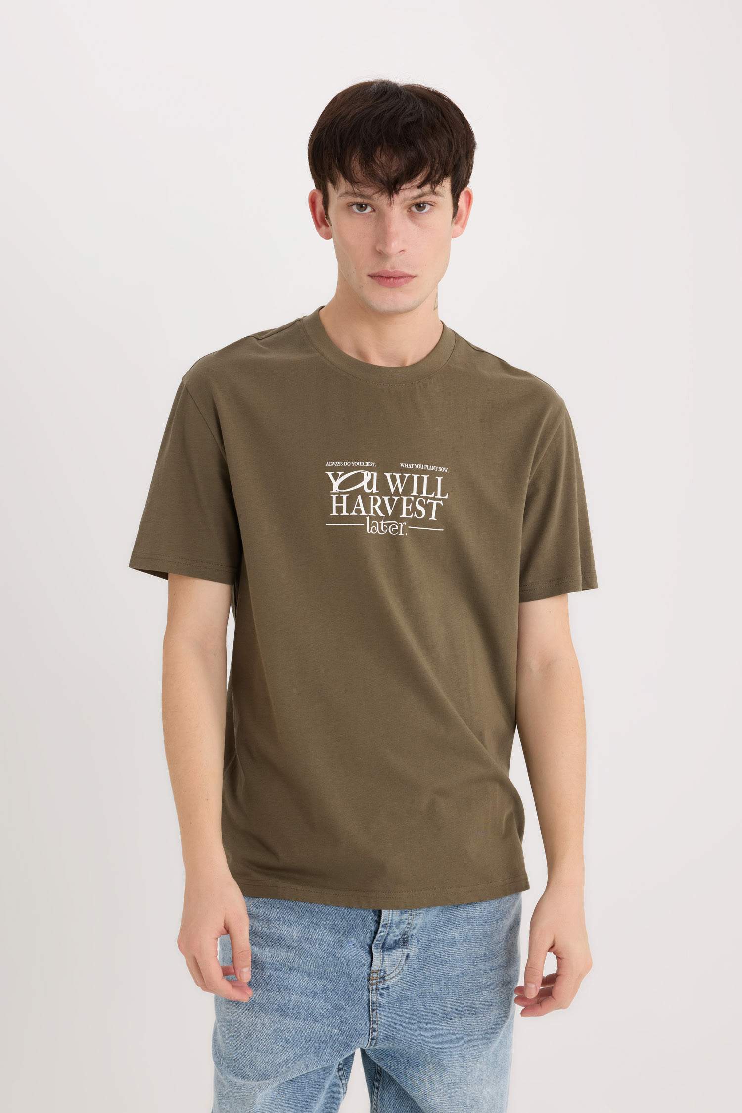 %100 Pamuk Regular Fit Bisiklet Yaka Baskılı Kısa Kollu Tişört