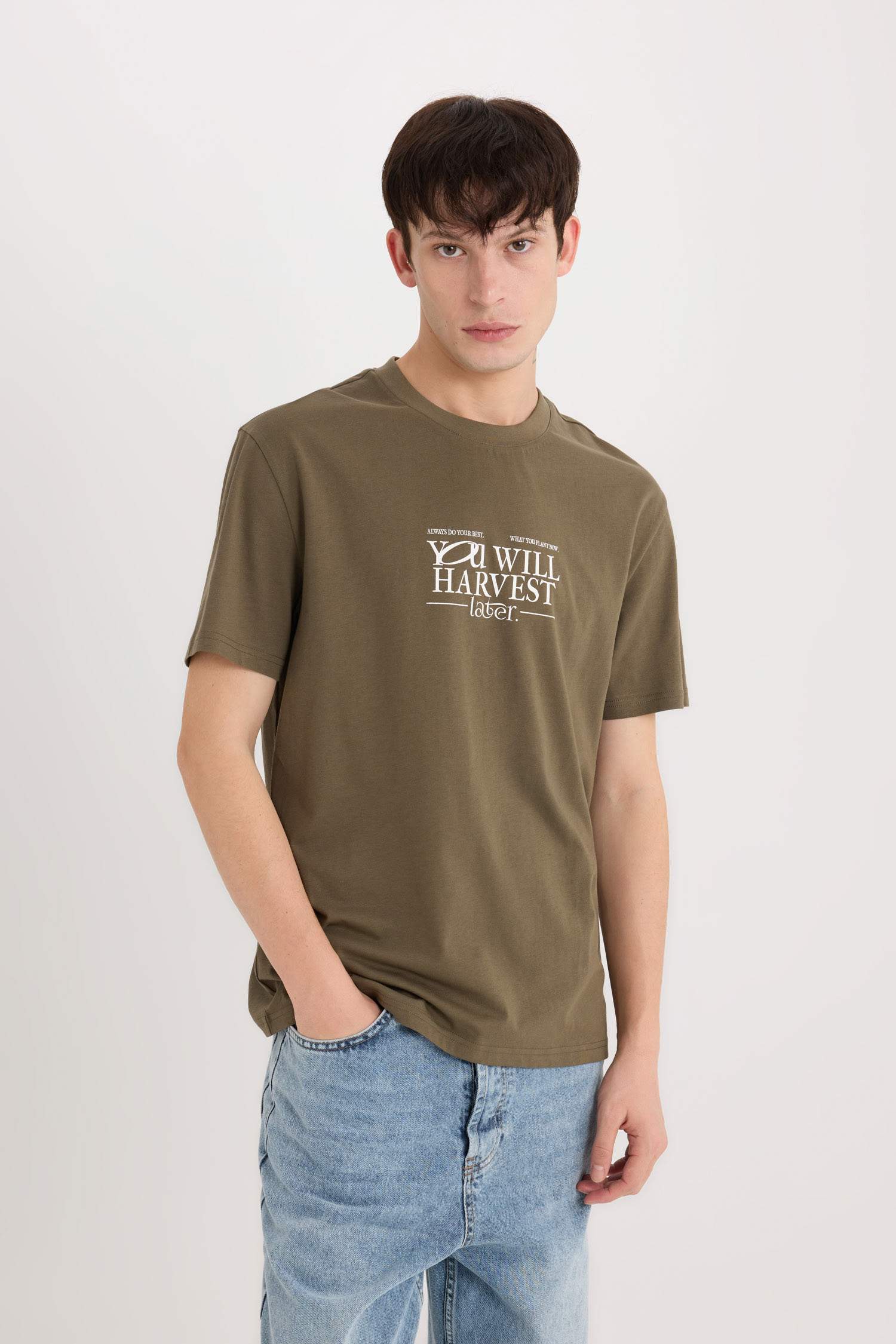 %100 Pamuk Regular Fit Bisiklet Yaka Baskılı Kısa Kollu Tişört