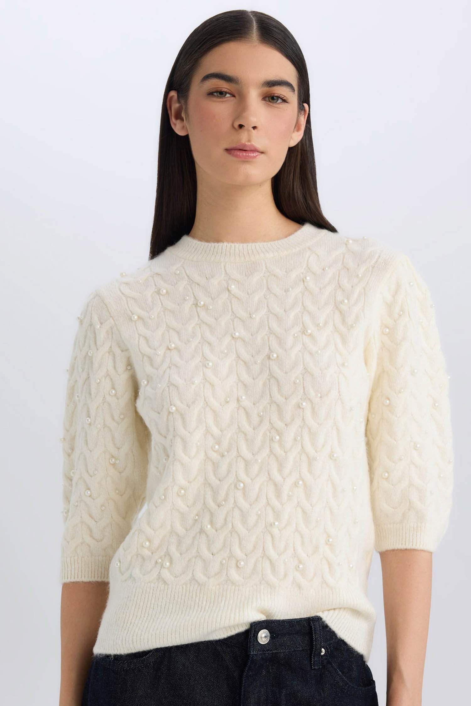 Regular Fit Bisiklet Yaka Basic Düz Yarım Kollu Triko Kazak