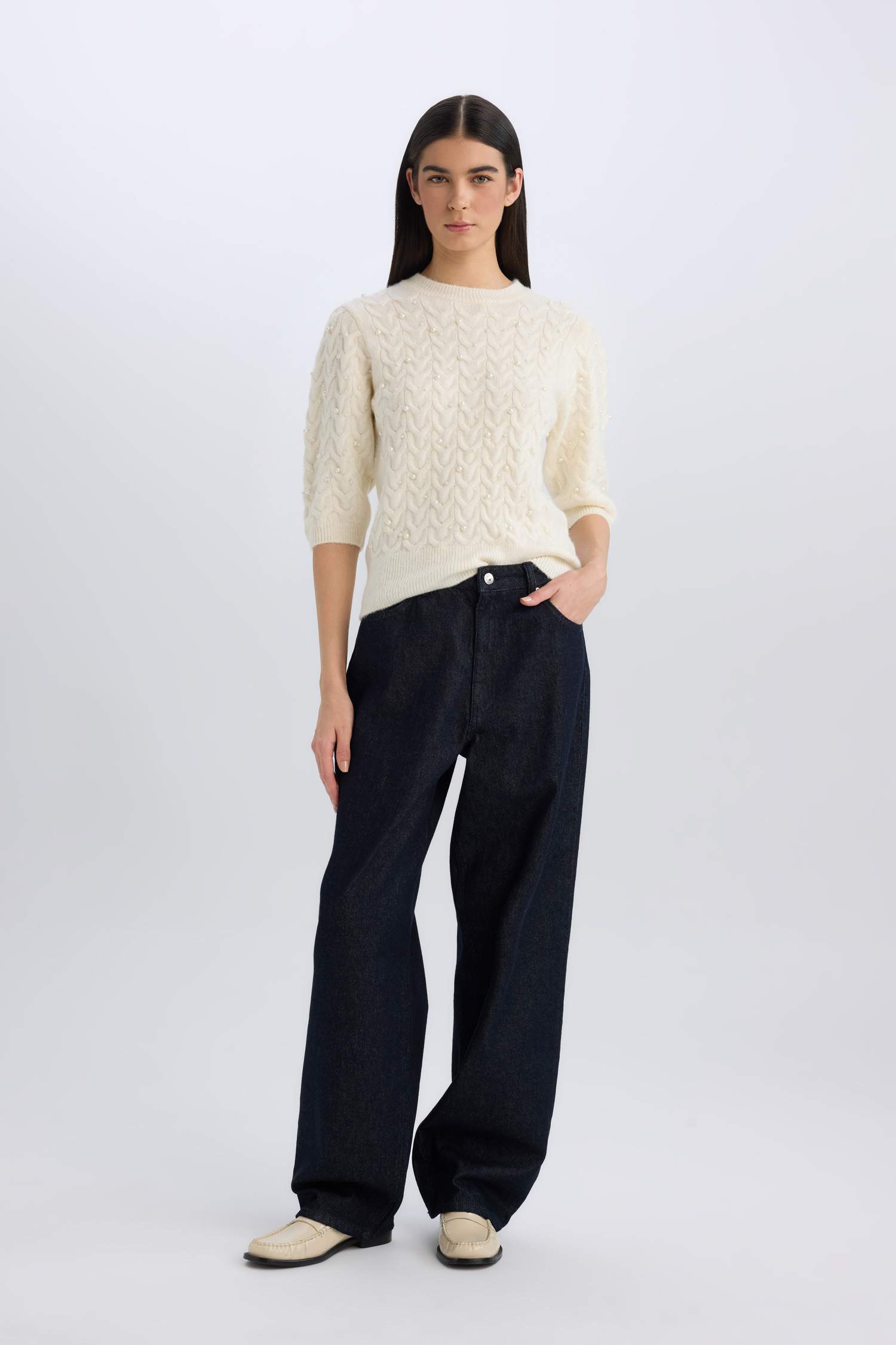 Regular Fit Bisiklet Yaka Basic Düz Yarım Kollu Triko Kazak