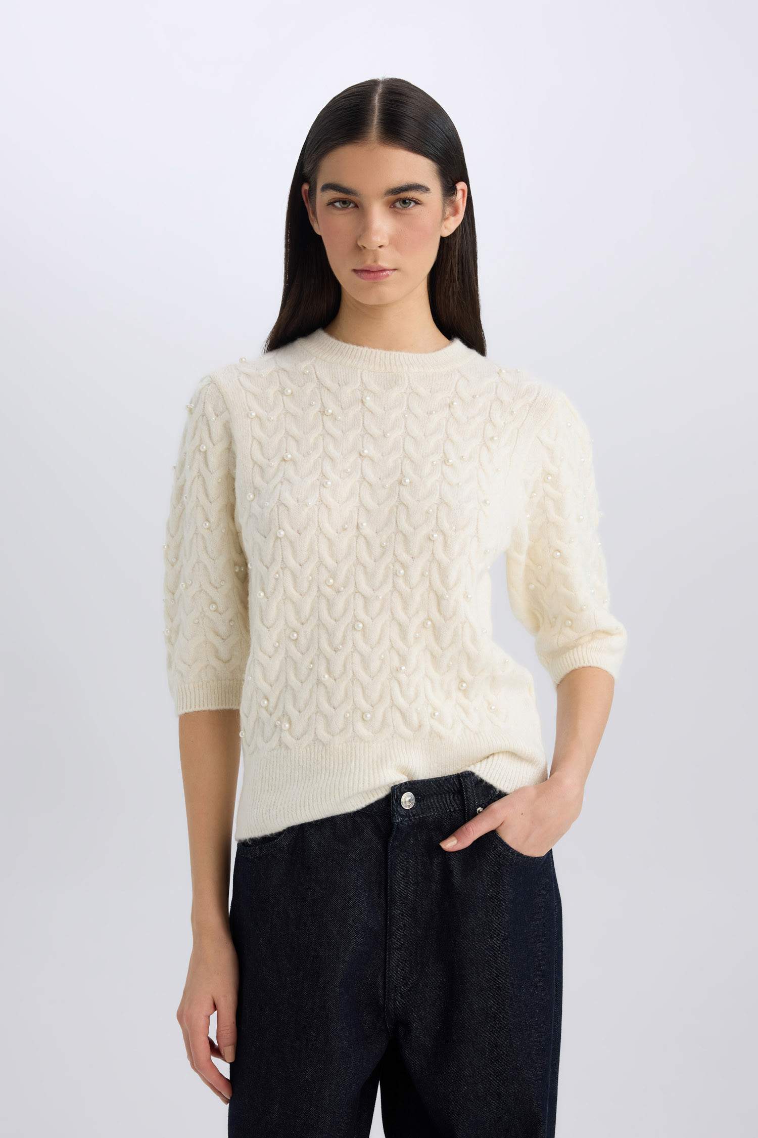 Regular Fit Bisiklet Yaka Basic Düz Yarım Kollu Triko Kazak