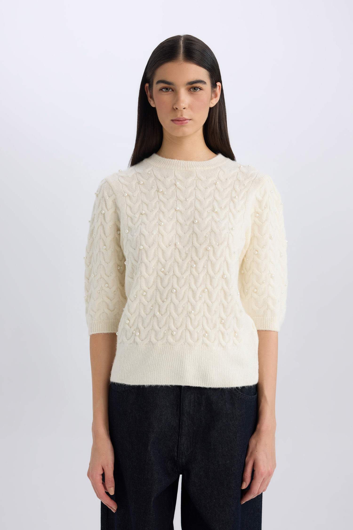 Regular Fit Bisiklet Yaka Basic Düz Yarım Kollu Triko Kazak