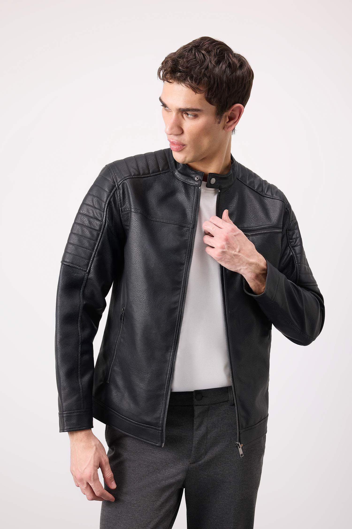 Su İtici Slim Fit Dar Kesim Dik Yaka Fermuarlı Cepli Suni Deri Mont