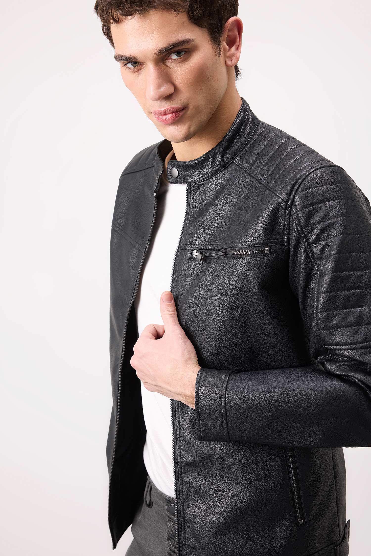 Su İtici Slim Fit Dar Kesim Dik Yaka Fermuarlı Cepli Suni Deri Mont