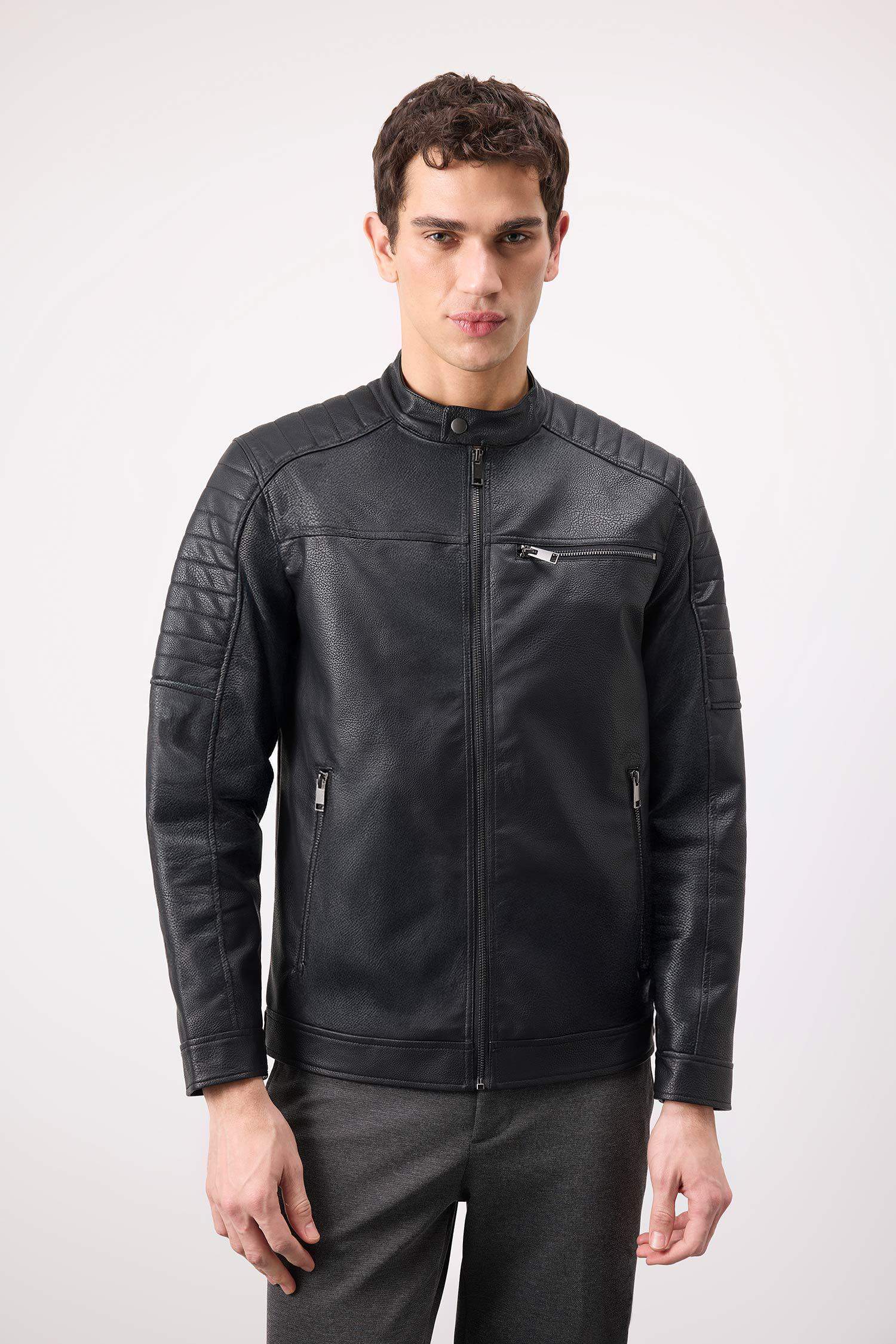 Su İtici Slim Fit Dar Kesim Dik Yaka Fermuarlı Cepli Suni Deri Mont