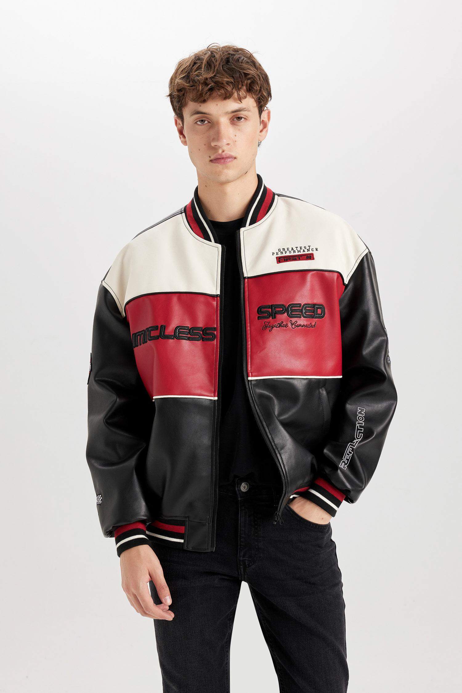 Su İtici Oversize Geniş Kalıp Bomber Kolej Yaka Fermuarlı Cepli Suni Deri Mevsimlik Mont