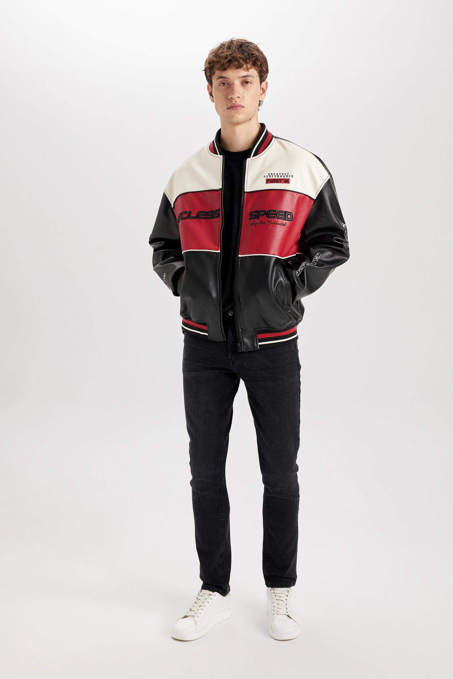 Su İtici Oversize Geniş Kalıp Bomber Kolej Yaka Fermuarlı Cepli Suni Deri Mevsimlik Mont