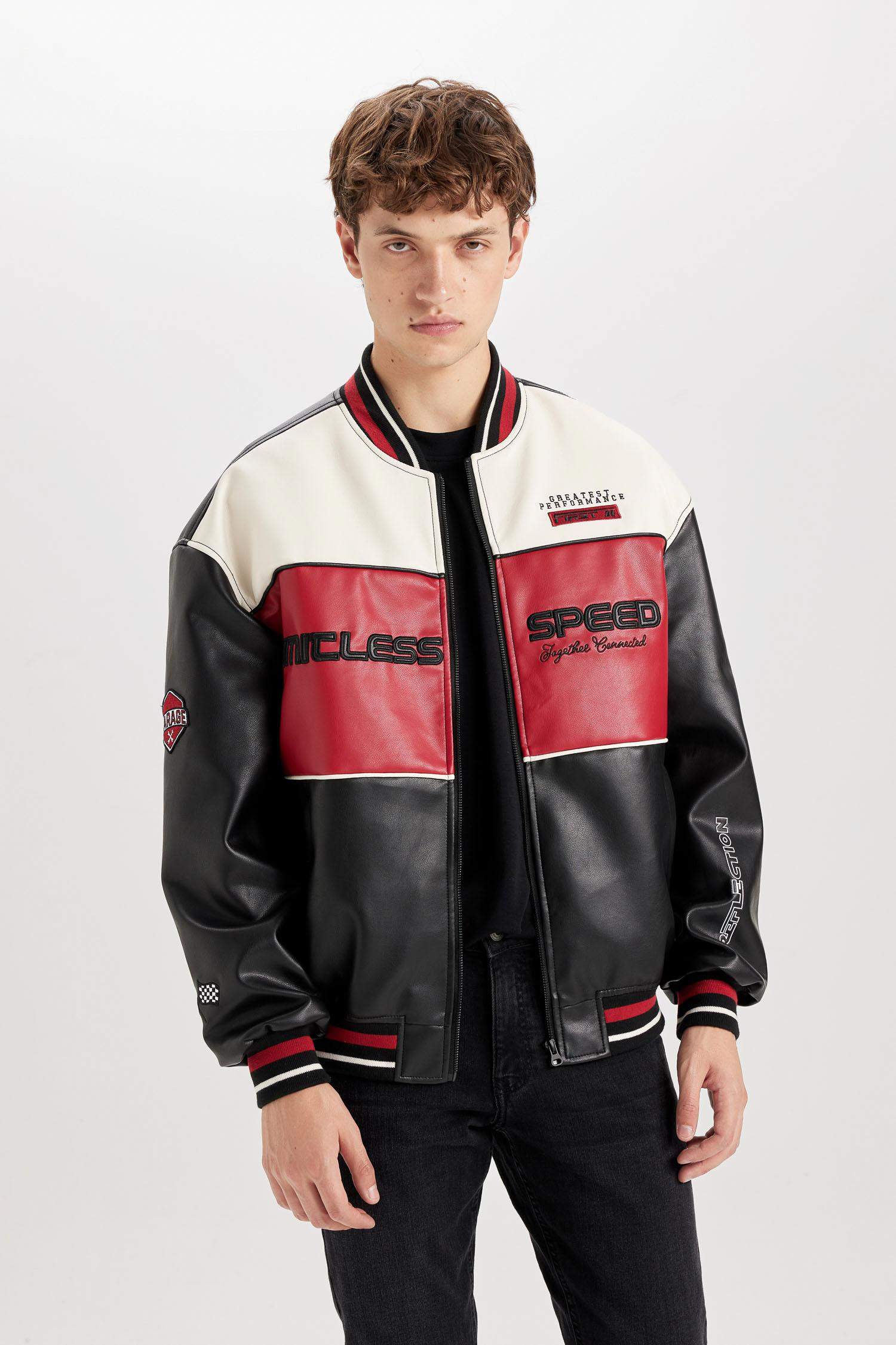 Su İtici Oversize Geniş Kalıp Bomber Kolej Yaka Fermuarlı Cepli Suni Deri Mevsimlik Mont