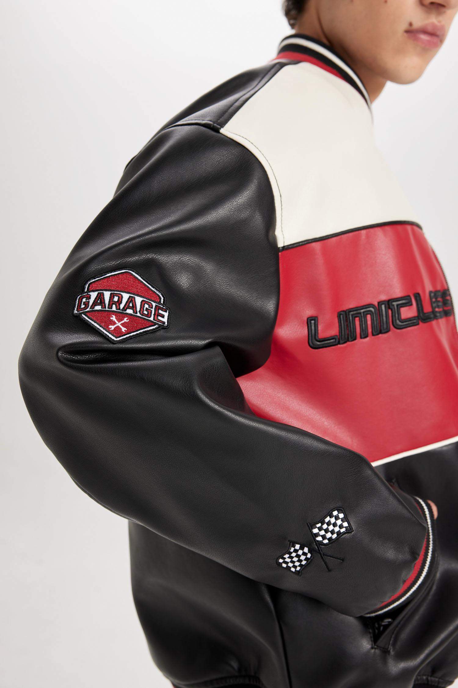 Su İtici Oversize Geniş Kalıp Bomber Kolej Yaka Fermuarlı Cepli Suni Deri Mevsimlik Mont