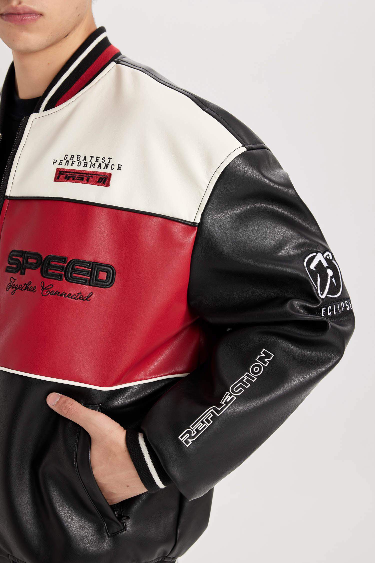 Su İtici Oversize Geniş Kalıp Bomber Kolej Yaka Fermuarlı Cepli Suni Deri Mevsimlik Mont