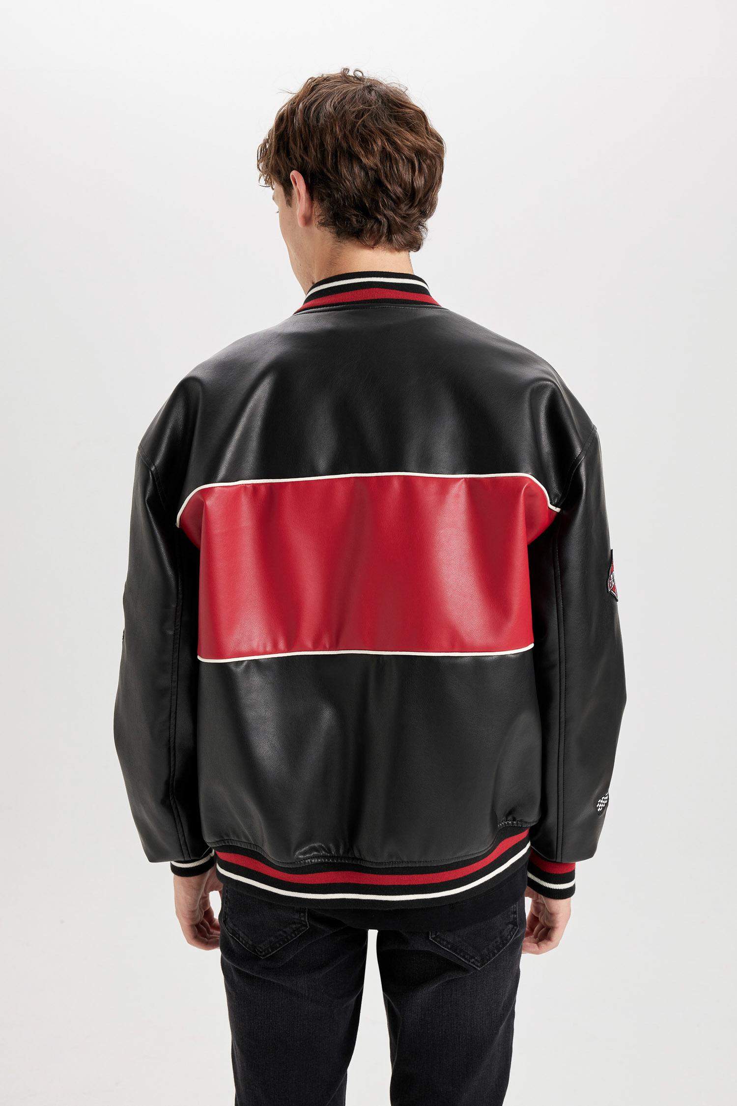 Su İtici Oversize Geniş Kalıp Bomber Kolej Yaka Fermuarlı Cepli Suni Deri Mevsimlik Mont