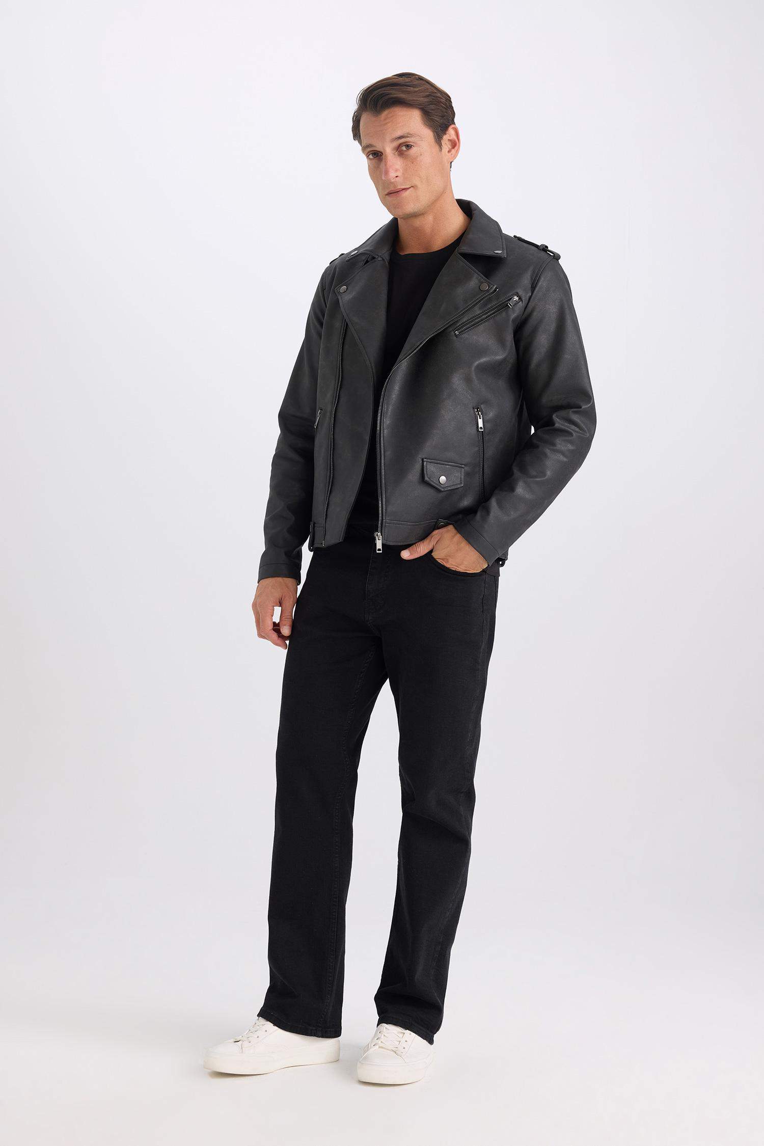 Su İtici Gömlek Yaka Fermuarlı Cepli Omuz Detaylı Suni Deri Mont