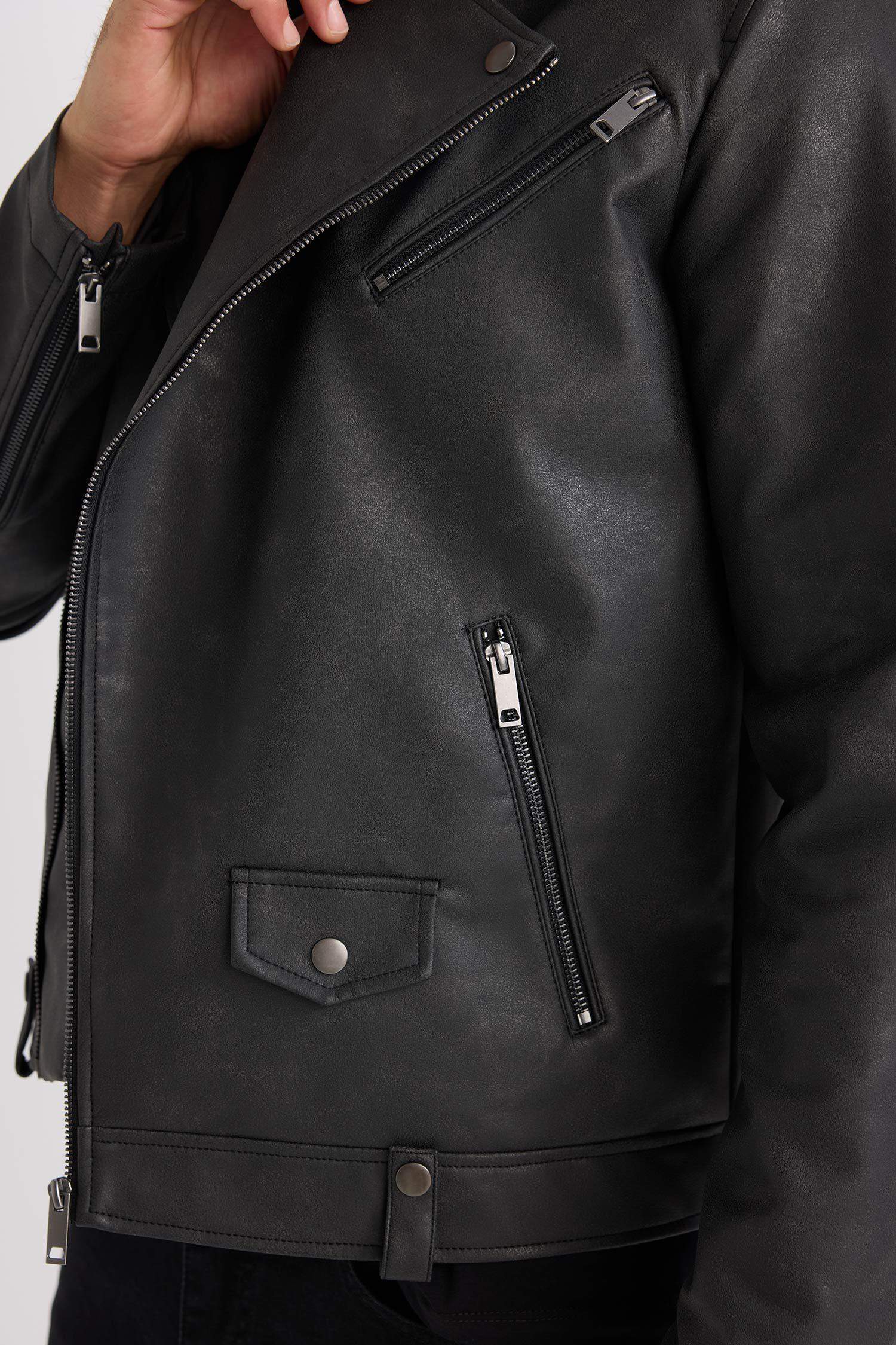 Su İtici Gömlek Yaka Fermuarlı Cepli Omuz Detaylı Suni Deri Mont