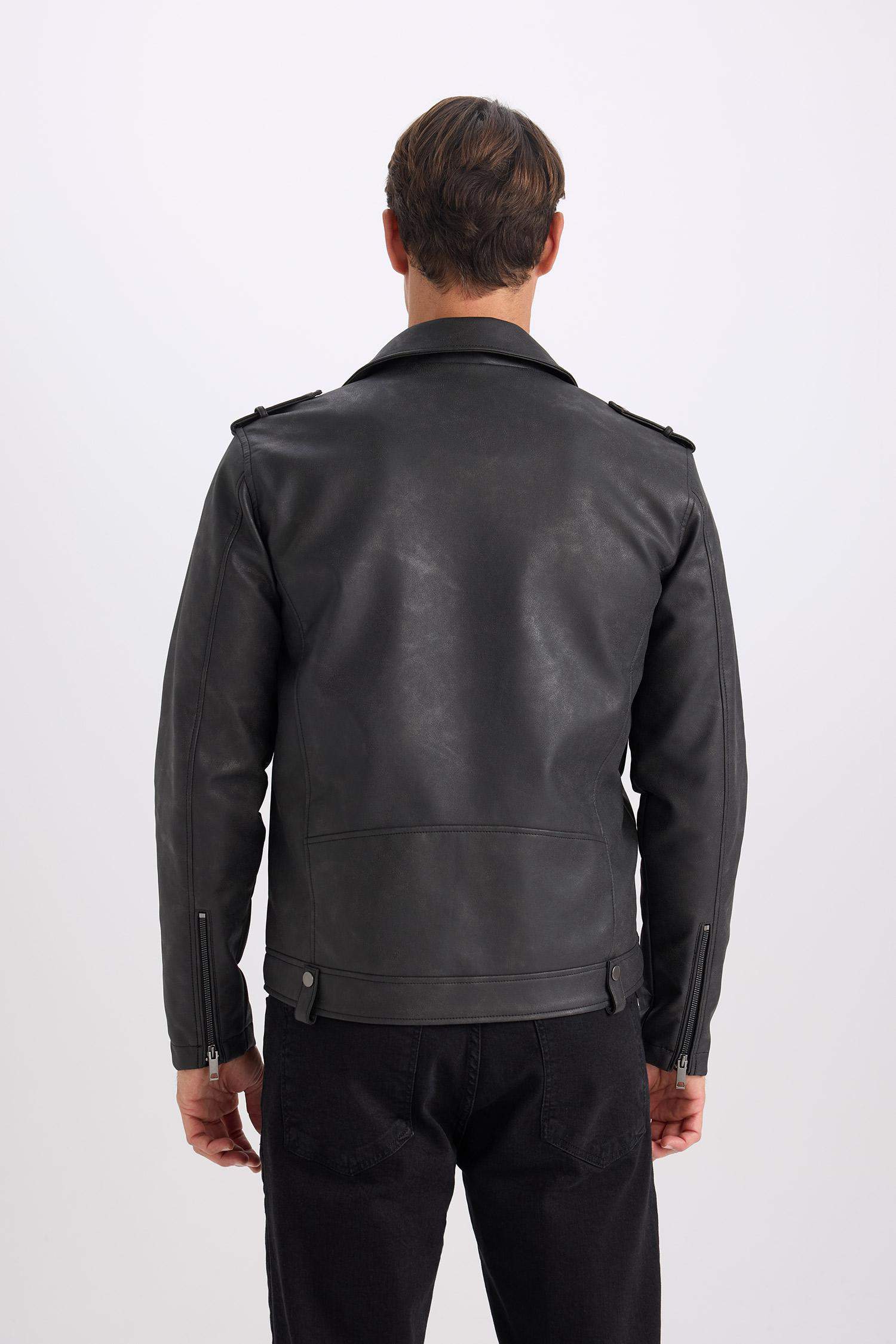 Su İtici Gömlek Yaka Fermuarlı Cepli Omuz Detaylı Suni Deri Mont