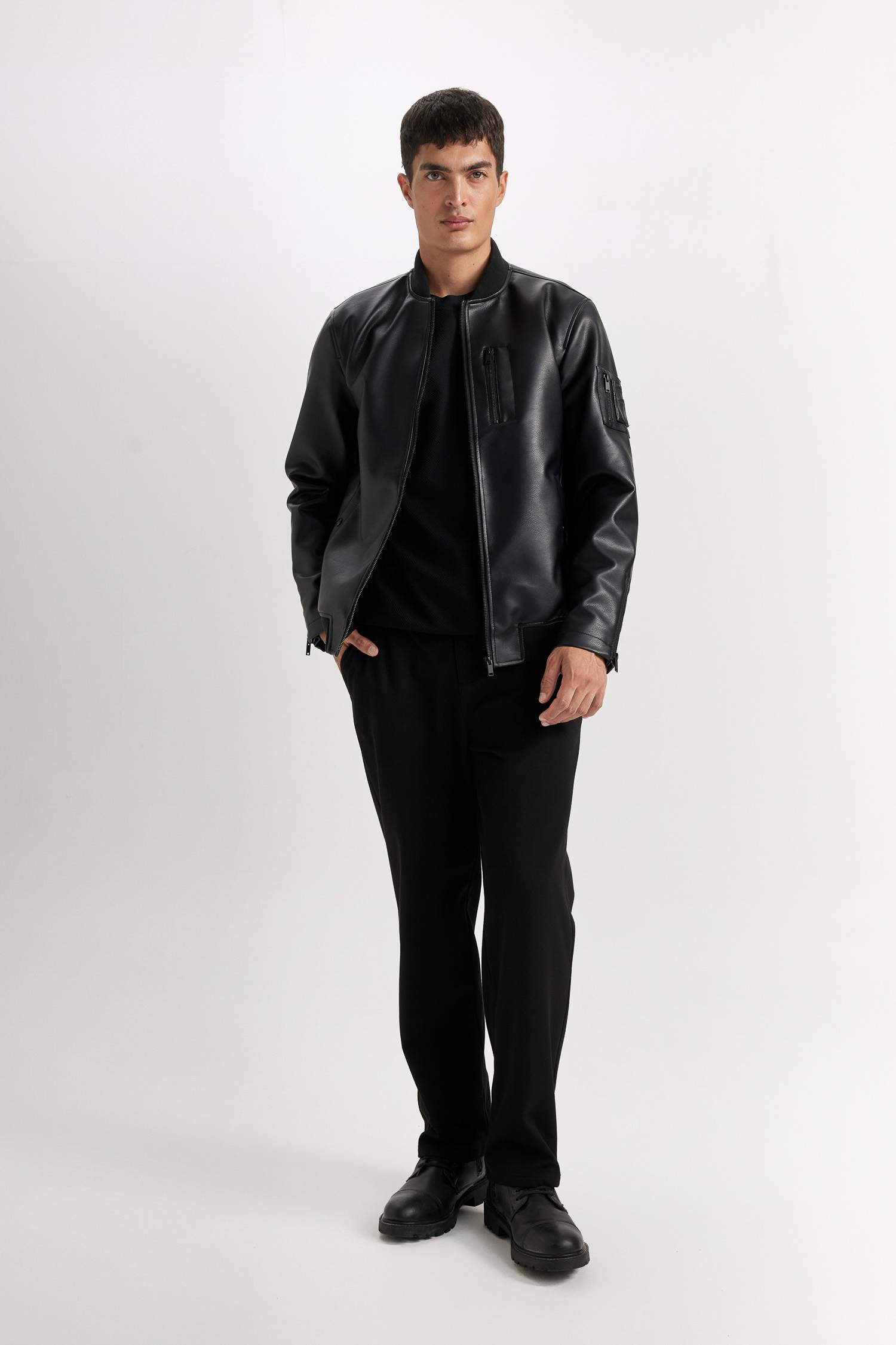 Su İtici Bomber Kolej Yaka Fermuarlı Cepli Suni Deri Mevsimlik Mont