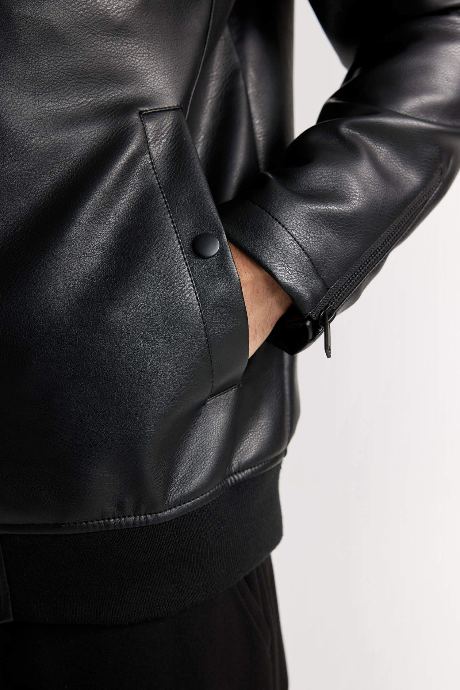 Su İtici Bomber Kolej Yaka Fermuarlı Cepli Suni Deri Mevsimlik Mont