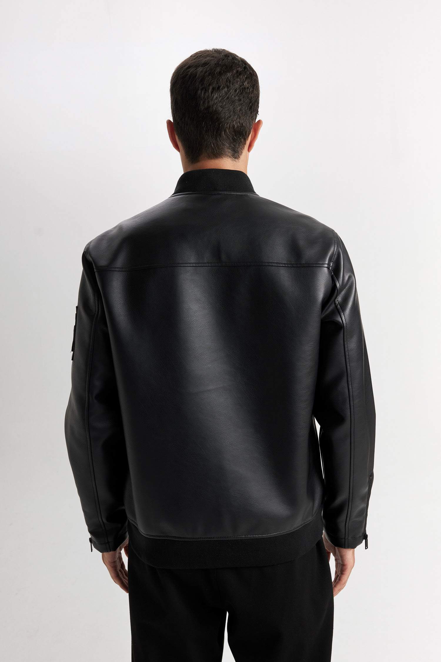 Su İtici Bomber Kolej Yaka Fermuarlı Cepli Suni Deri Mevsimlik Mont