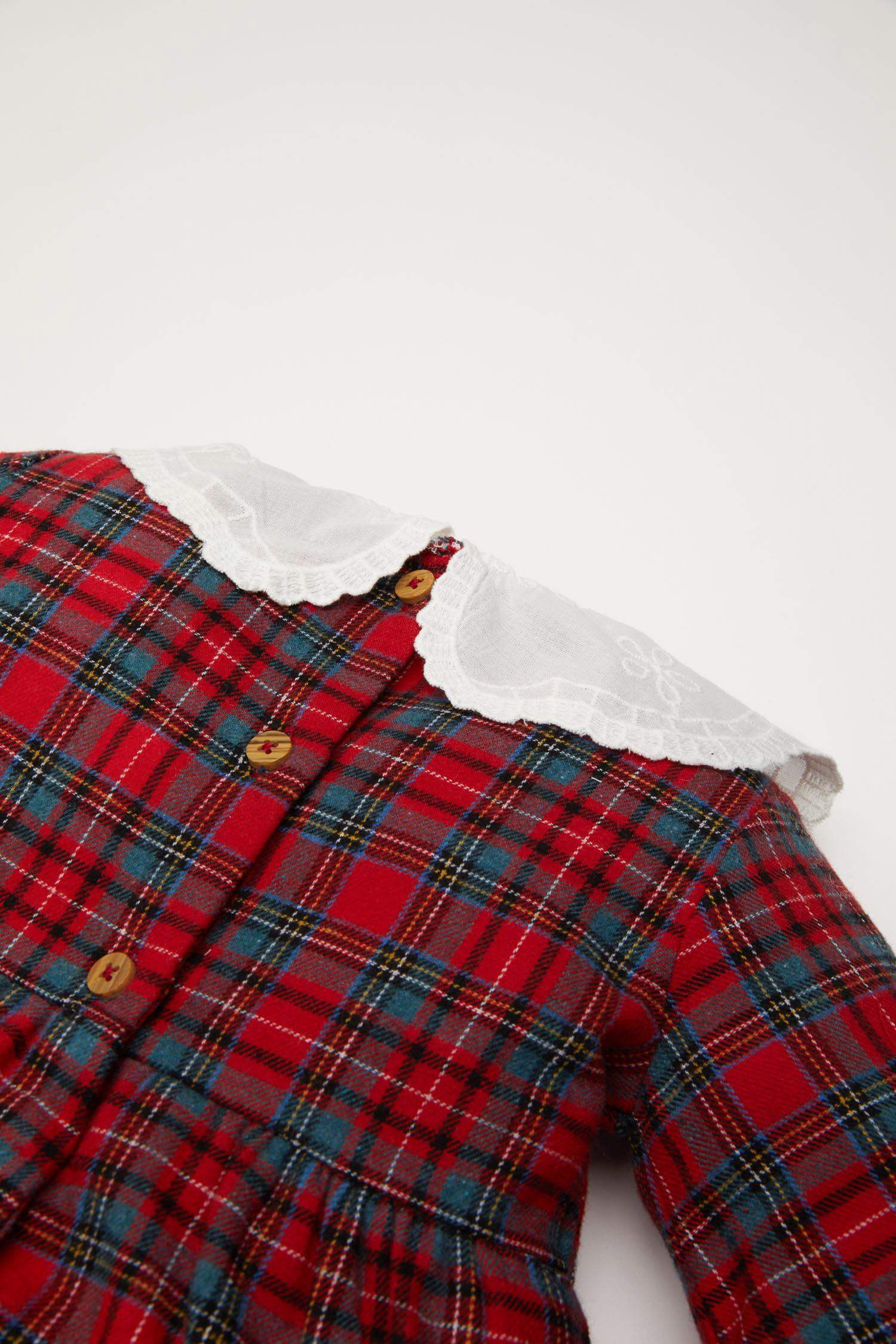 Kız Bebek Yılbaşı Temalı Kareli Uzun Kollu Flanel Elbise