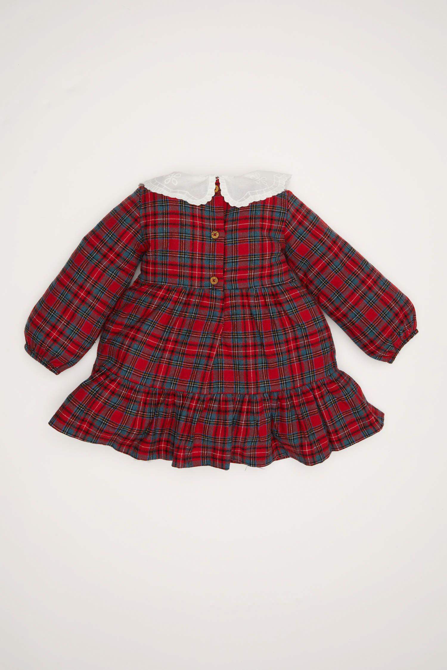 Kız Bebek Yılbaşı Temalı Kareli Uzun Kollu Flanel Elbise