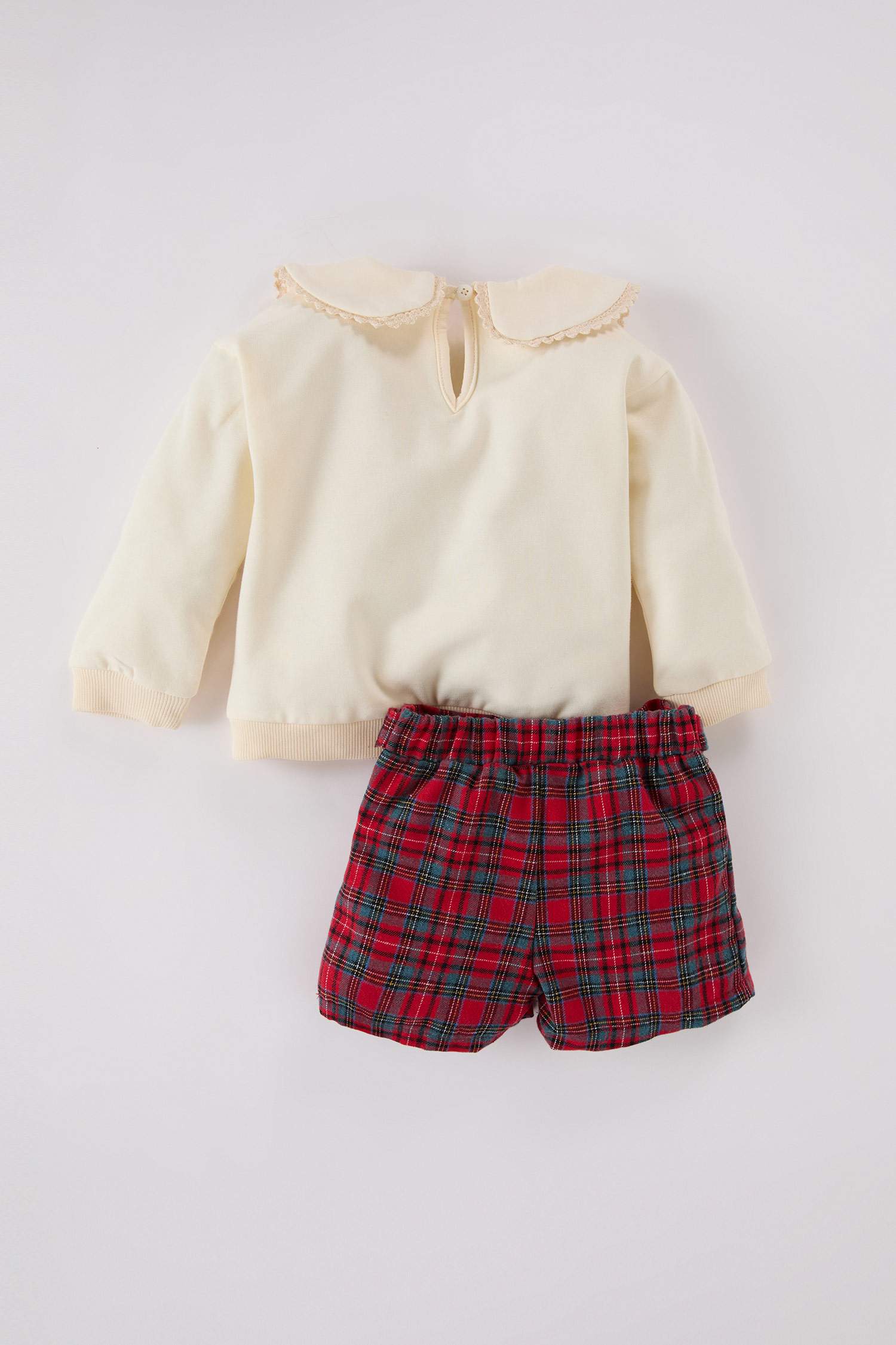 Kız Bebek 2'li Takım Büyük Yaka Uzun Kollu Üst Kareli Şort