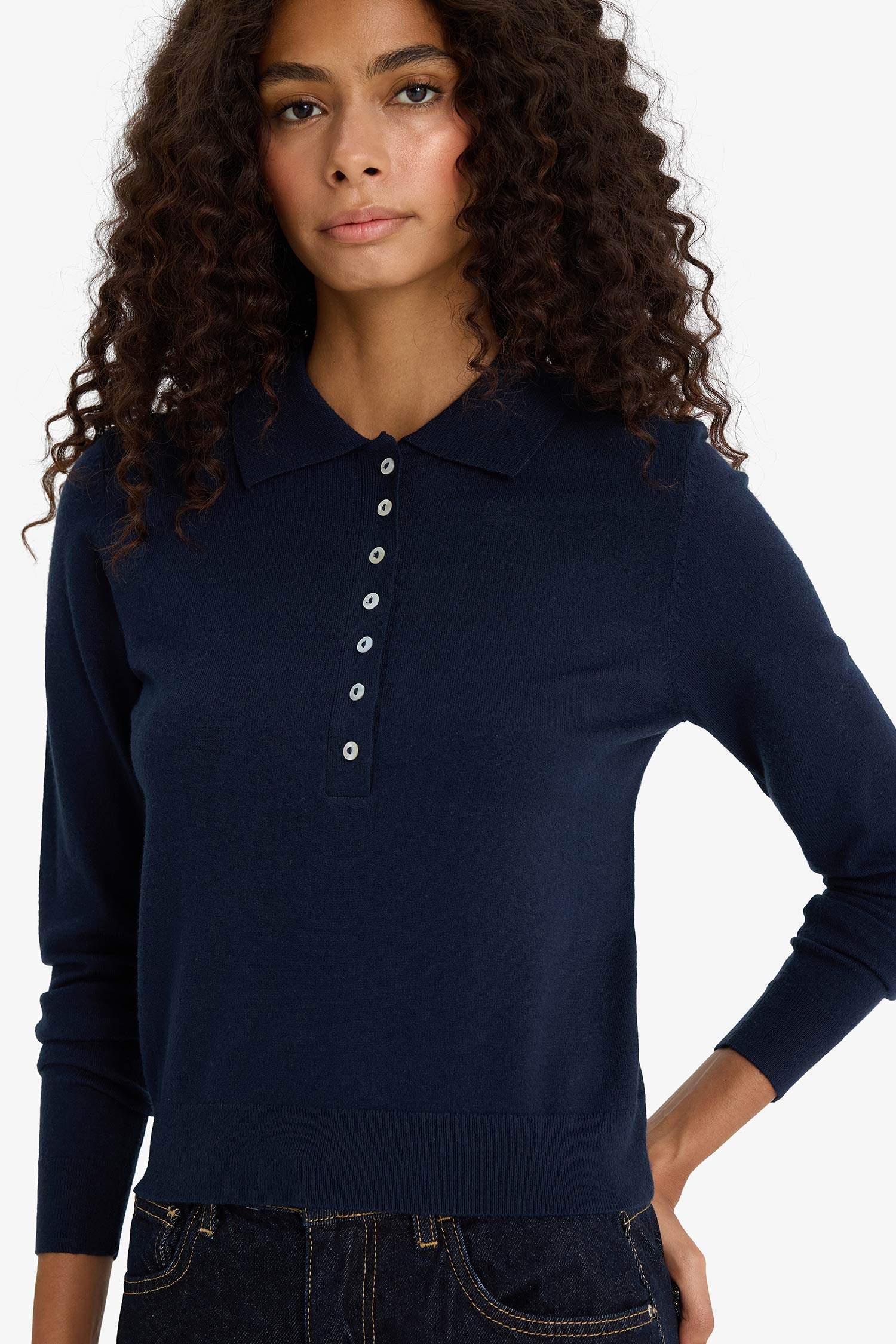 Regular Fit Polo Yaka Basic Düz Triko Kazak