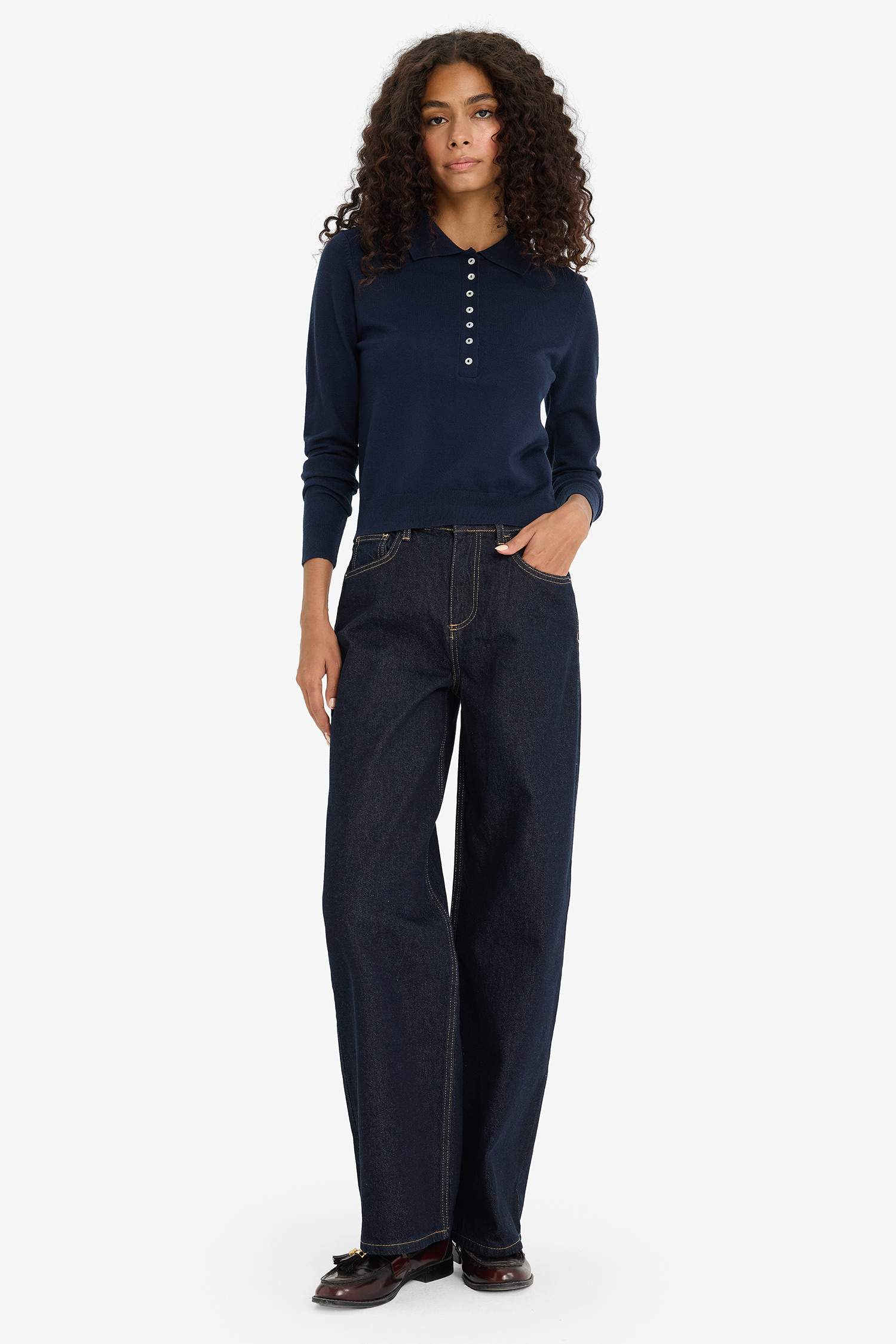 Regular Fit Polo Yaka Basic Düz Triko Kazak