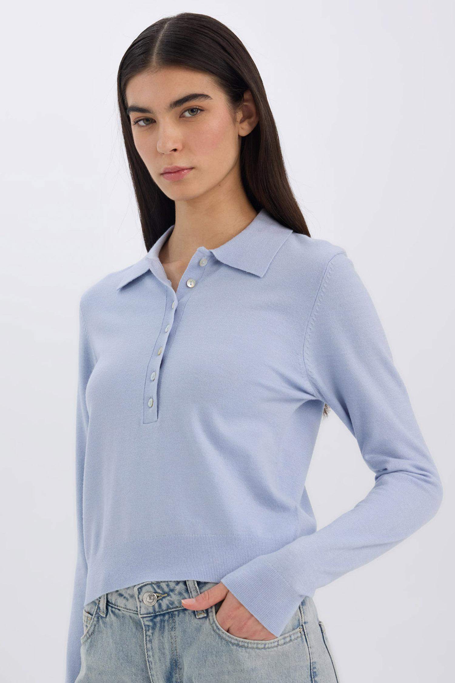 Regular Fit Polo Yaka Basic Düz Triko Kazak