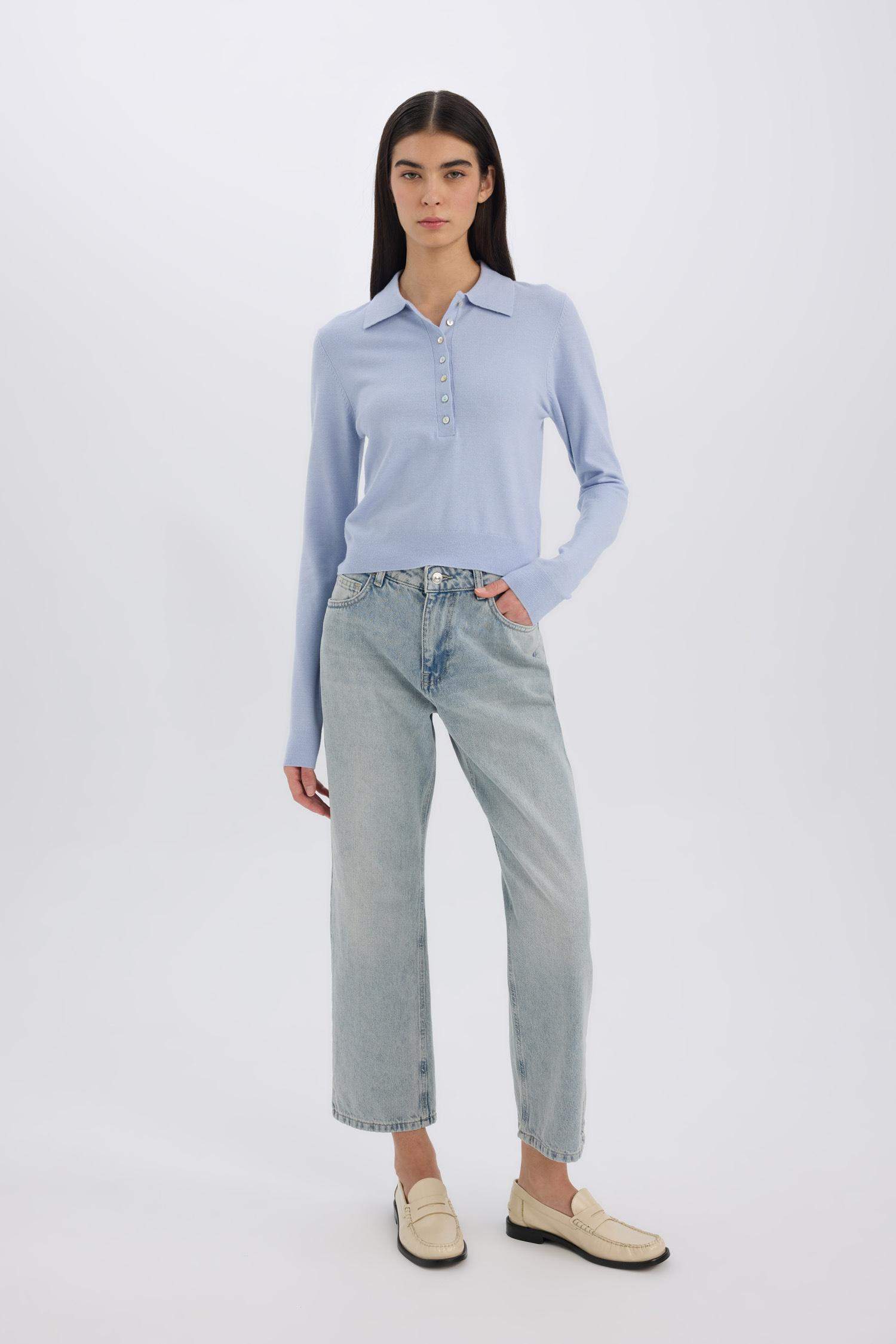 Regular Fit Polo Yaka Basic Düz Triko Kazak