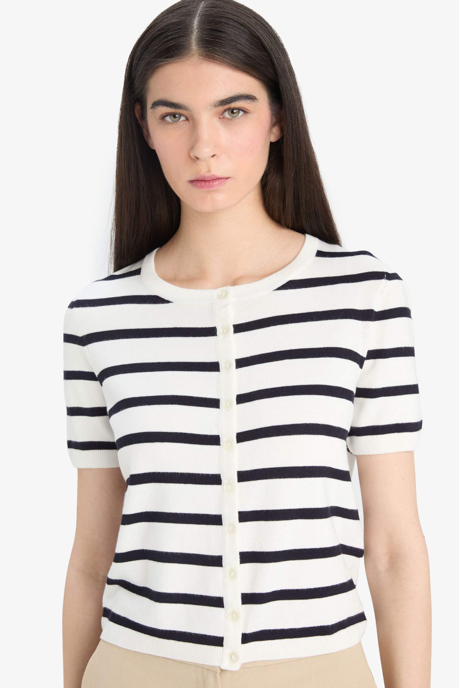 Regular Fit Bisiklet Yaka Çizgili Kısa Kollu Triko Hırka