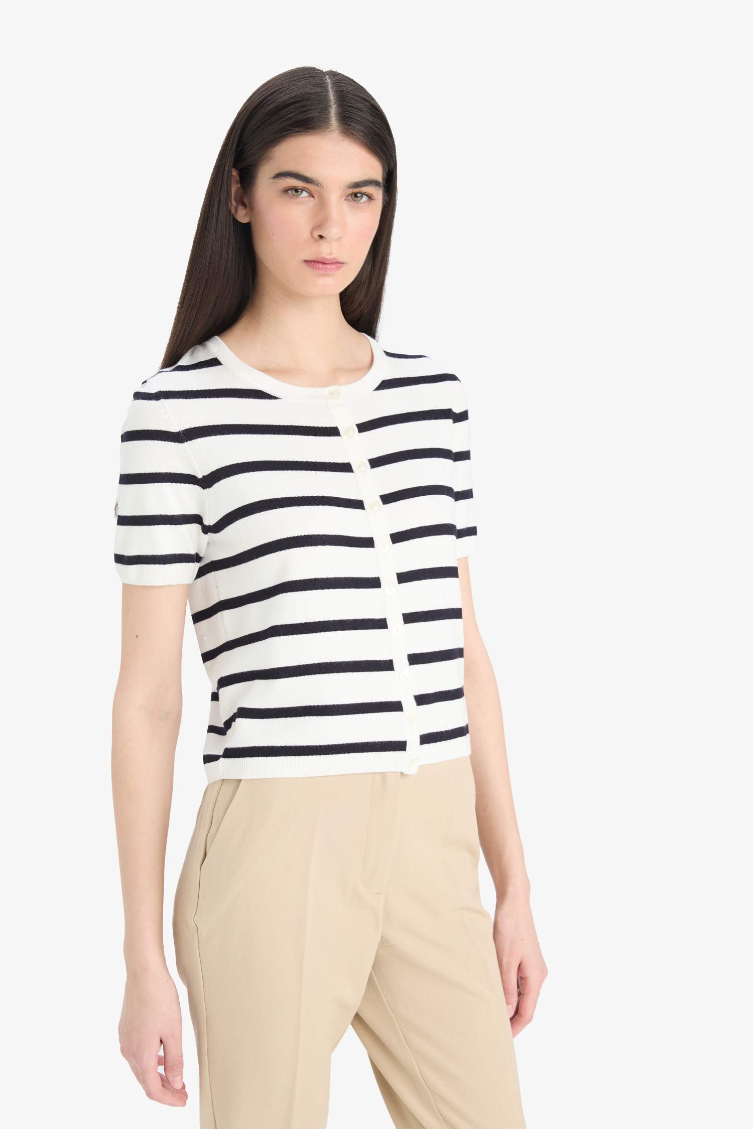 Regular Fit Bisiklet Yaka Çizgili Kısa Kollu Triko Hırka