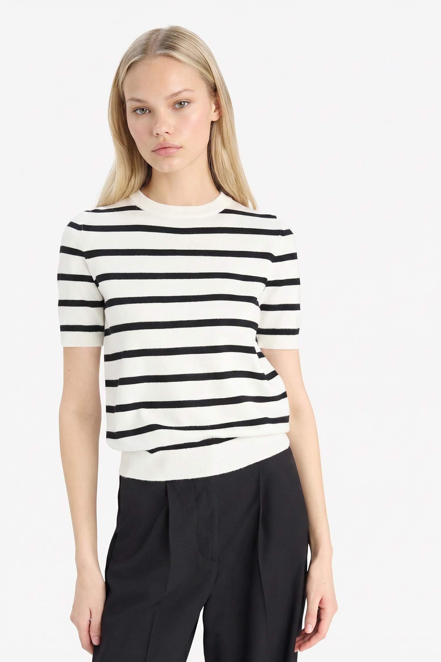 Regular Fit Bisiklet Yaka Çizgili Kısa Kollu Triko Kazak