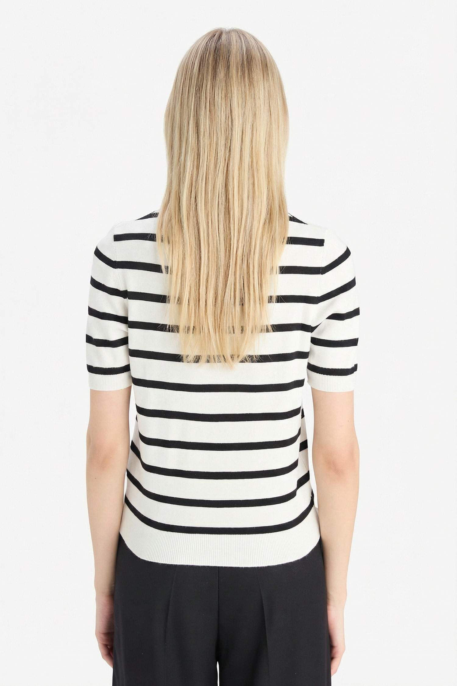 Regular Fit Bisiklet Yaka Çizgili Kısa Kollu Triko Kazak