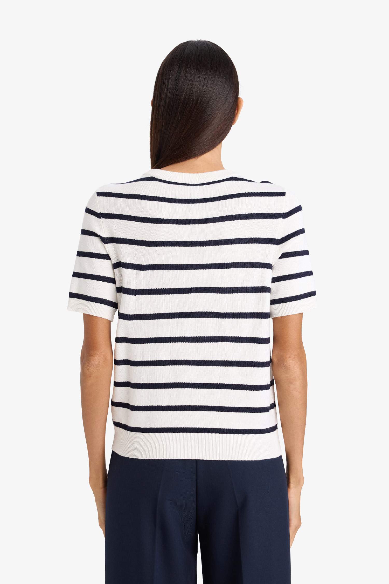 Трикотажный свитер Regular Fit с круглым вырезом, в полоску и коротким рукавом