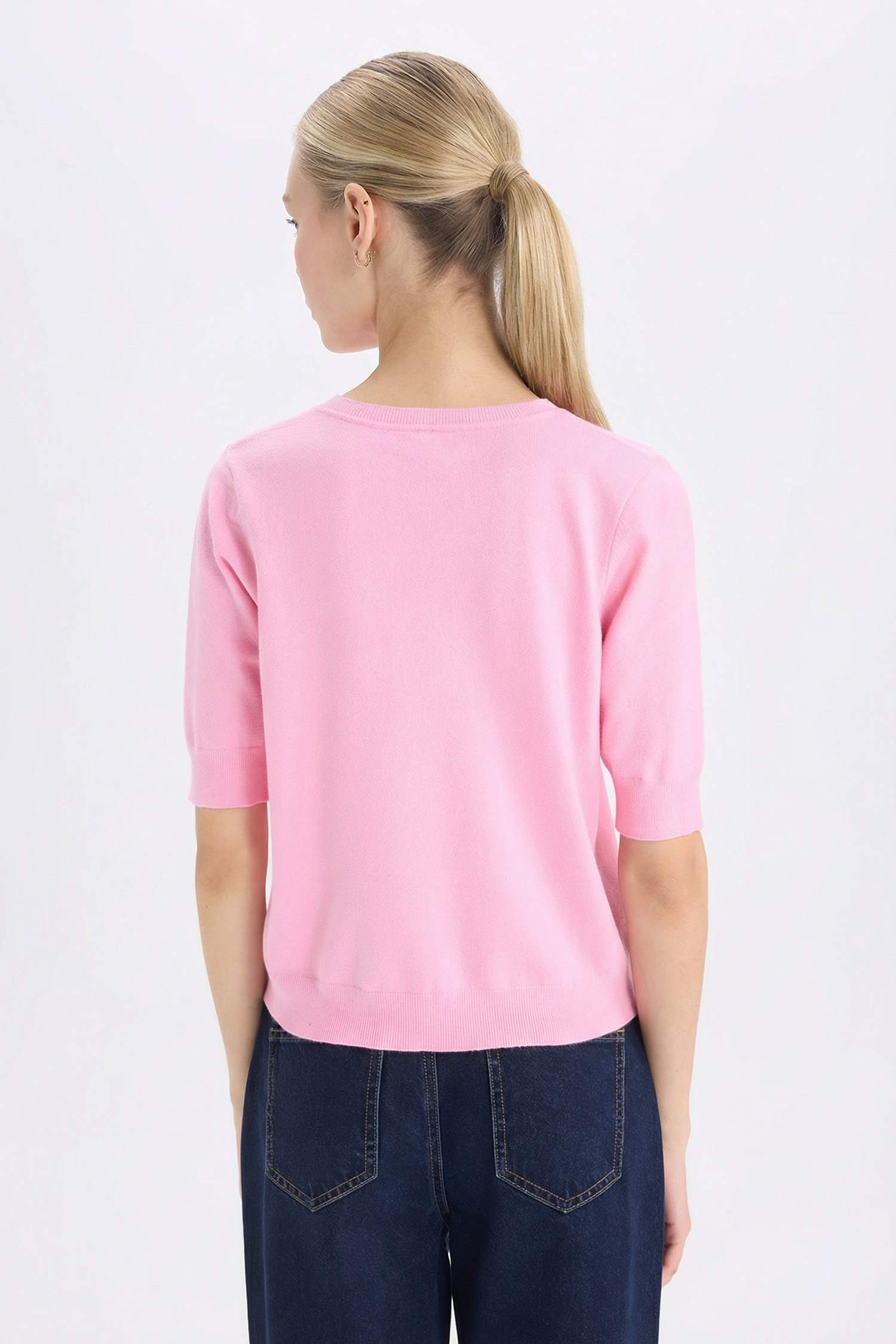 Regular Fit Bisiklet Yaka Basic Düz Kısa Kollu Triko Kazak