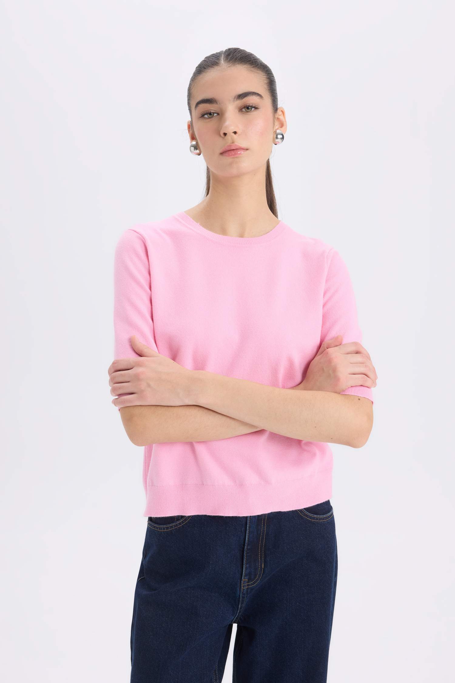 Regular Fit Bisiklet Yaka Basic Düz Kısa Kollu Triko Kazak