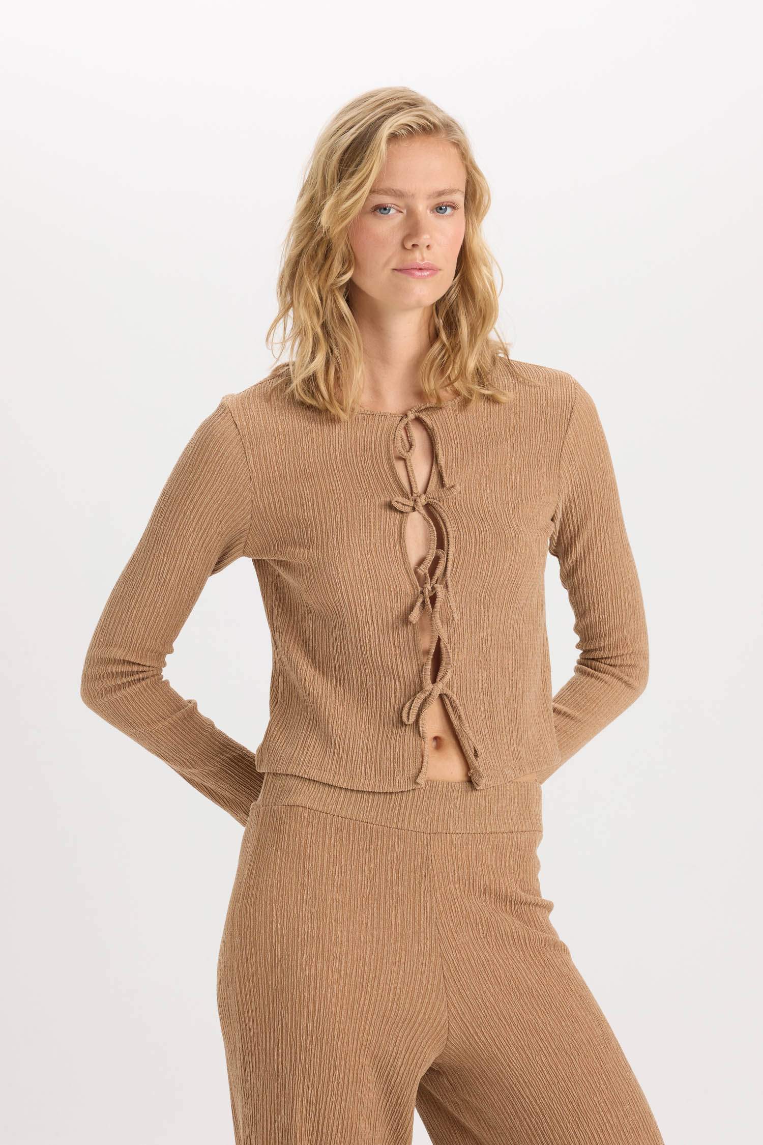 Bisiklet Yaka Basic Düz Bürümcük Uzun Kollu Önden Bağlamalı Hırka